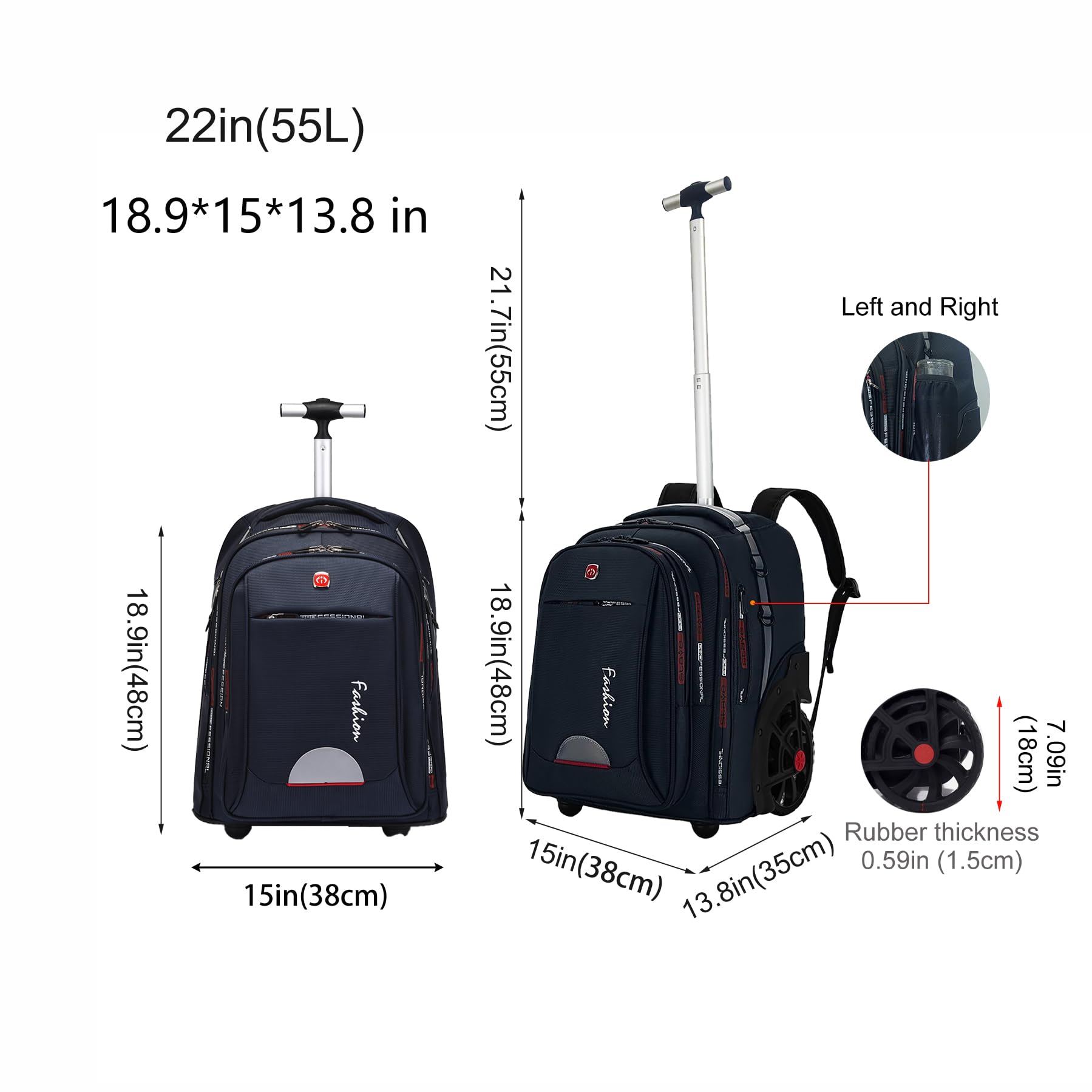 22 Inch Rolling Backpack for Adults - Waterproof Wheeled Backpack with Wheels for Business Professionals, College Students & Travel Commuters - Perfect for Air Travel, Campus Life & Daily Commute (Blue)