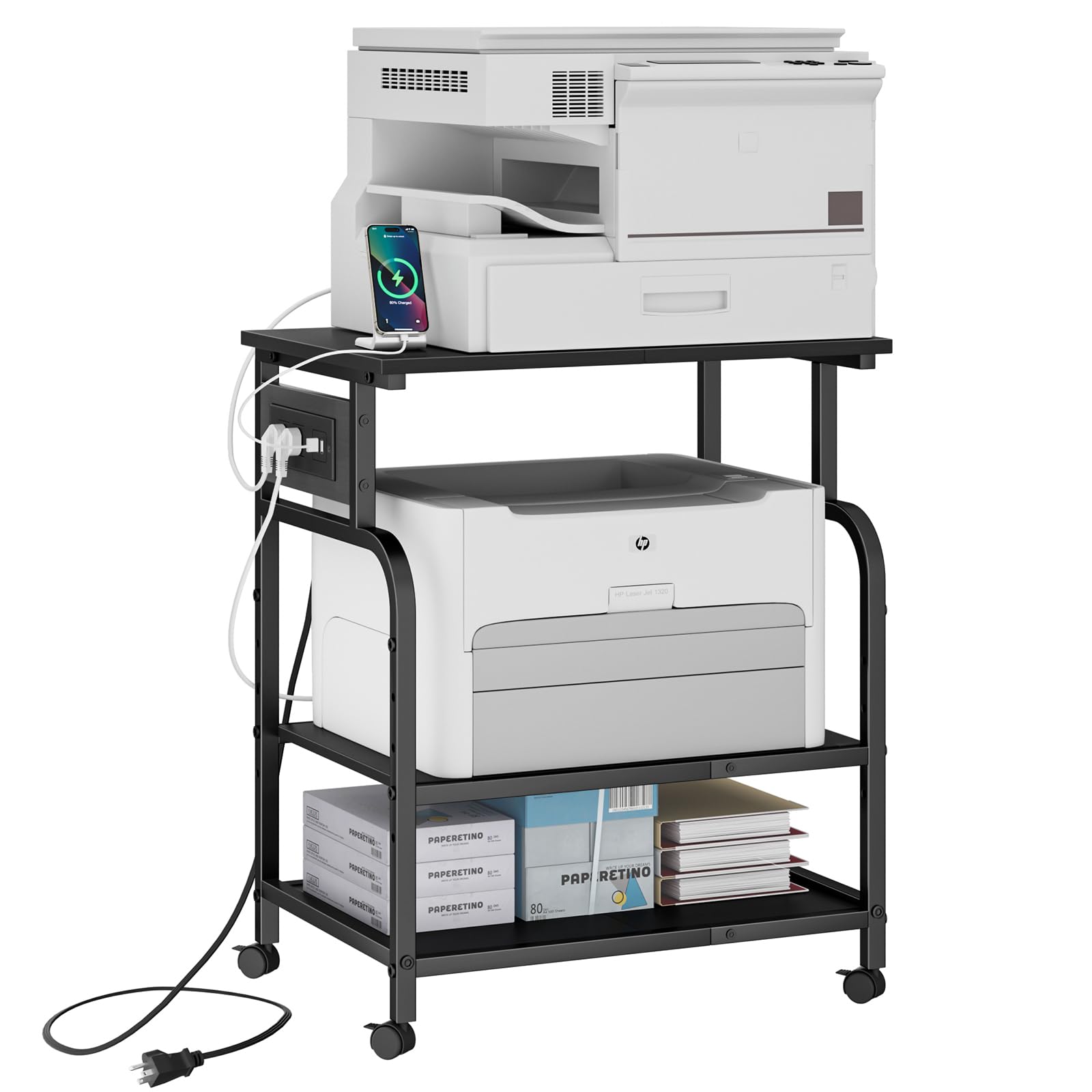 YAOHUOO 3 Tier Large Rolling Printer Stand with Power Outlet & USB Port - Adjustable Storage Shelf Cart for 3D Printer, Heat Press, Laser Printer - Perfect for Home Office, Studio & Workshop (Black)