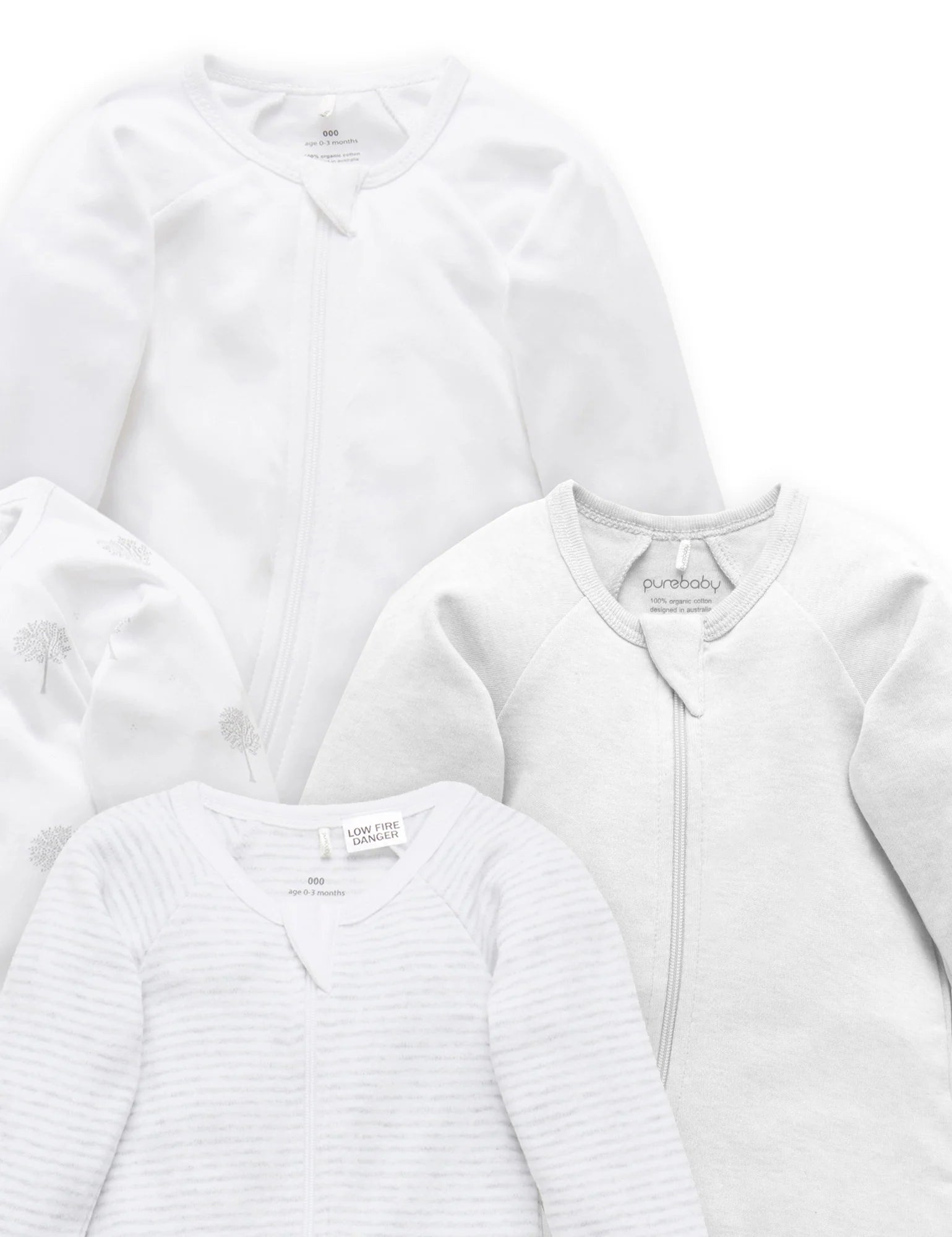 Purebaby Organic Cotton Zip Growsuit 4-Pack - Soft Grey Melange Baby Rompers for Newborns & Infants | Perfect for Daycare, Playtime & Sleepwear