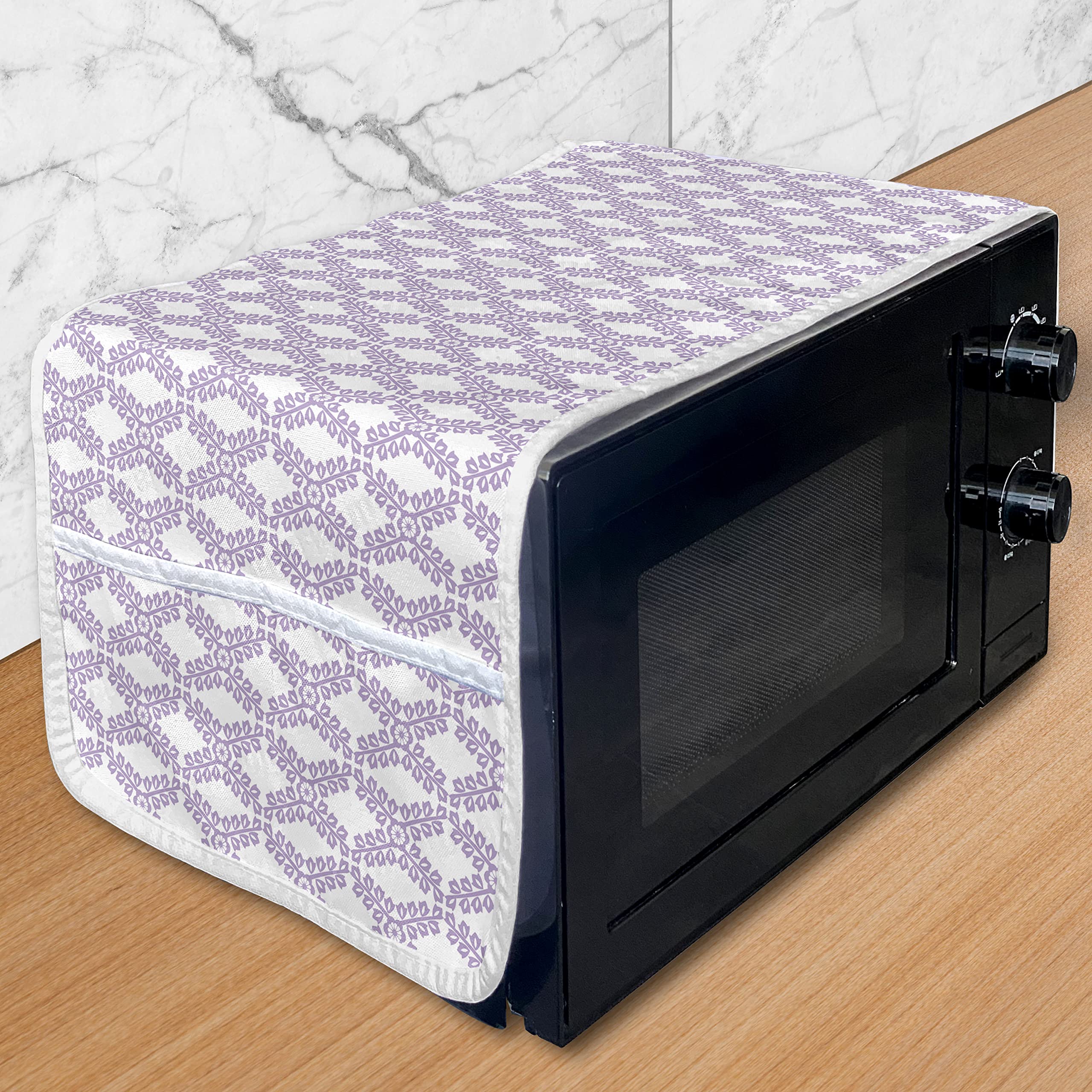 Ambesonne Purple Microwave Oven Cover - Pastel Geometric Floral Design, Waterproof Kitchen Organizer with Pockets, 36