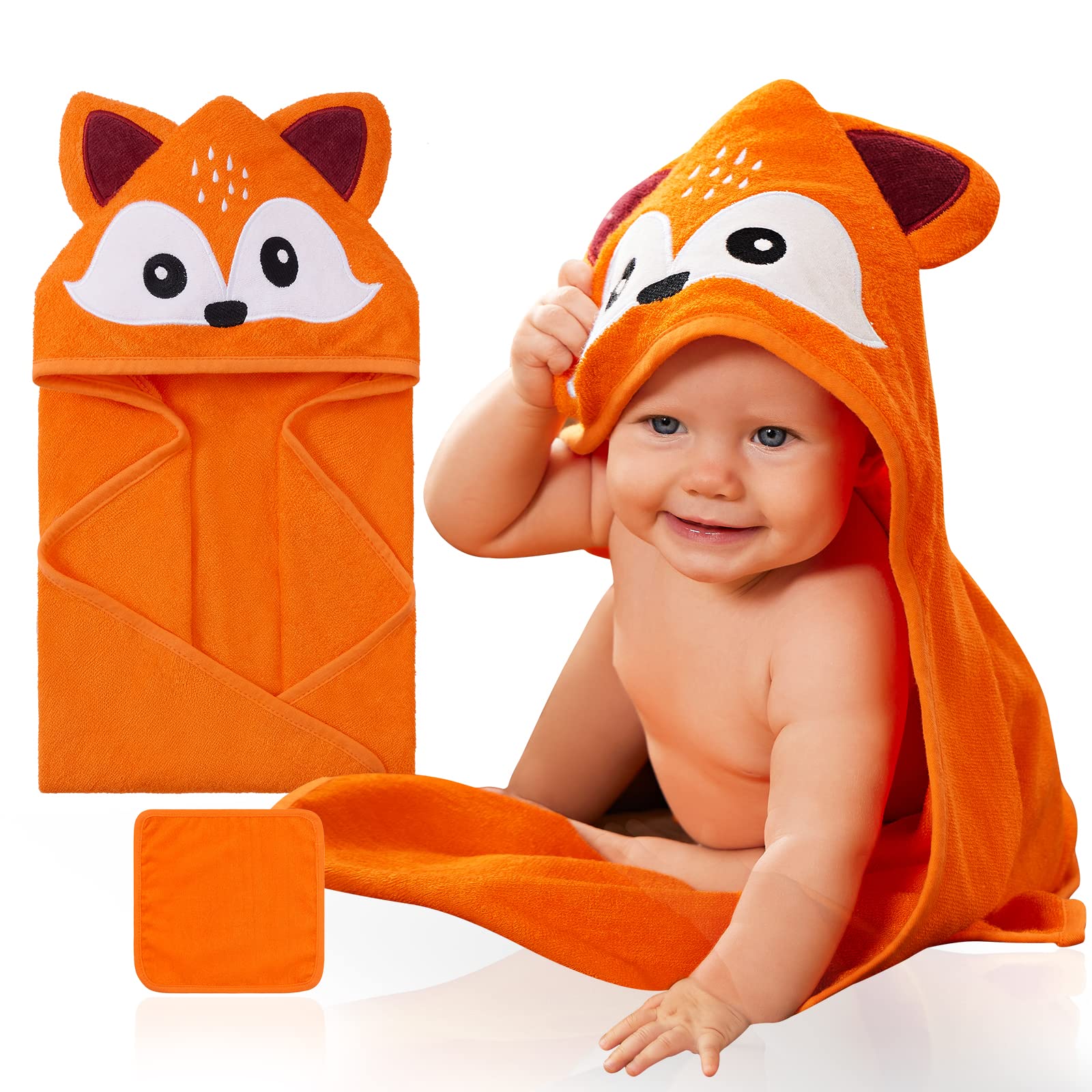 SYNPOS Organic Bamboo Hooded Baby Towel - Soft Large 30x30 Inch Bath Towel with Animal Ears for Newborn, Infant & Toddler - Ultra Absorbent Natural Baby Shower Gift for Boys & Girls - Perfect for Bath Time, Swimming & Photo Shoots