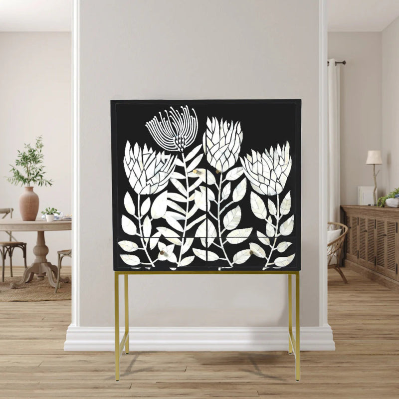 Handmade Bone Inlay Black Tulip Design Cabinet with 2 Drawers - Vintage Storage Furniture for Bedroom, Living Room & Office Organization