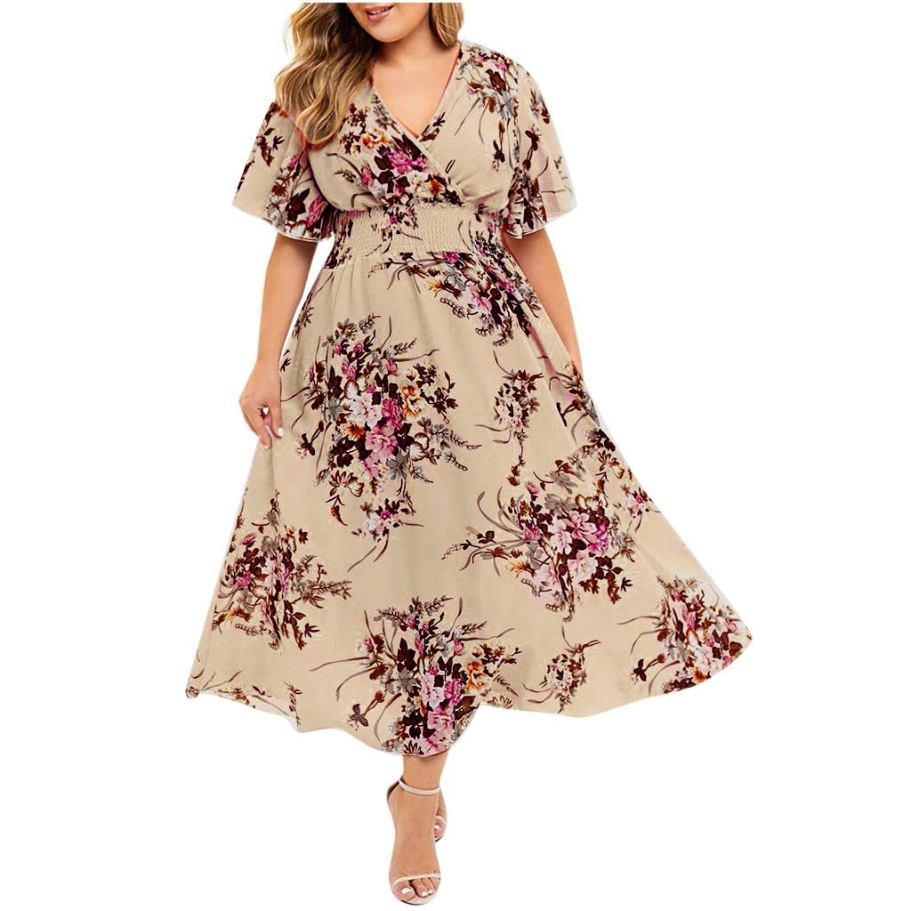 **Plus Size Women's Floral Maxi Dress with Ruffles & Flutter Sleeves - Boho Tiered V-Neck A-Line Summer Dress - Perfect for Beach Vacations, Weddings & Casual Outings**