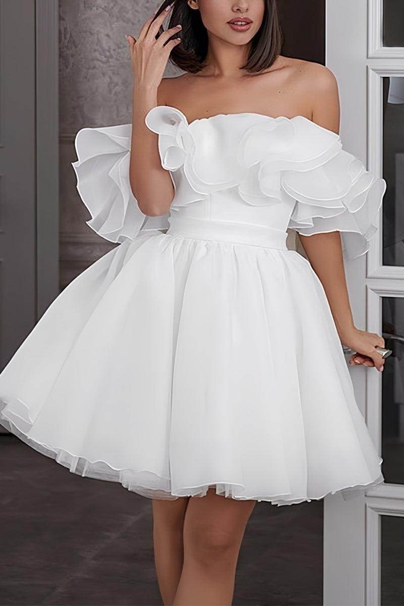 Elegant Off-The-Shoulder Mini Organza Wedding Dress CW3395 | Boho Bridal Gown for Beach Weddings, Elopements & Vow Renewals