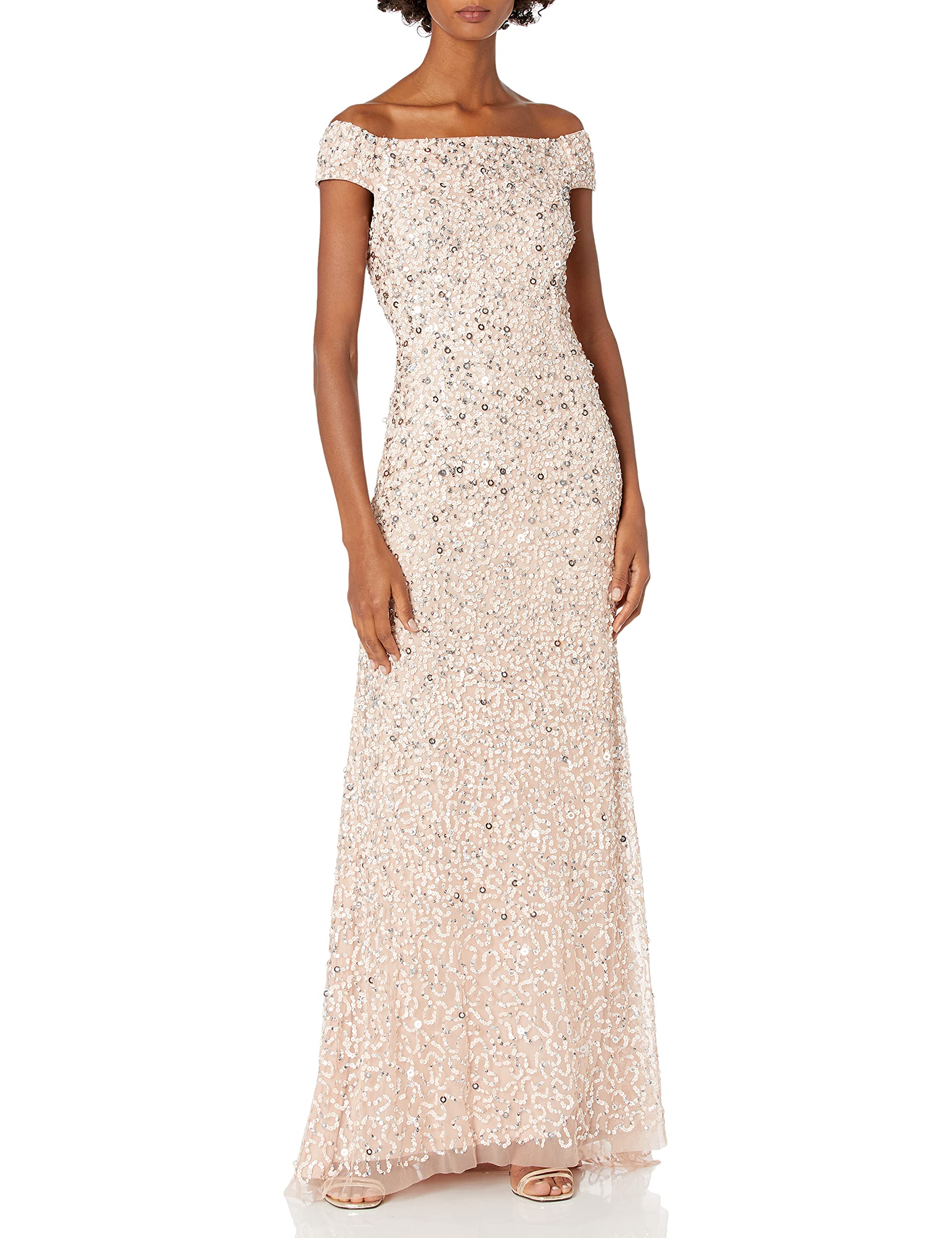Adrianna Papell Women's Off The Shoulder Sequin Beaded Evening Gown - Perfect for Prom, Black Tie Events & Formal Occasions