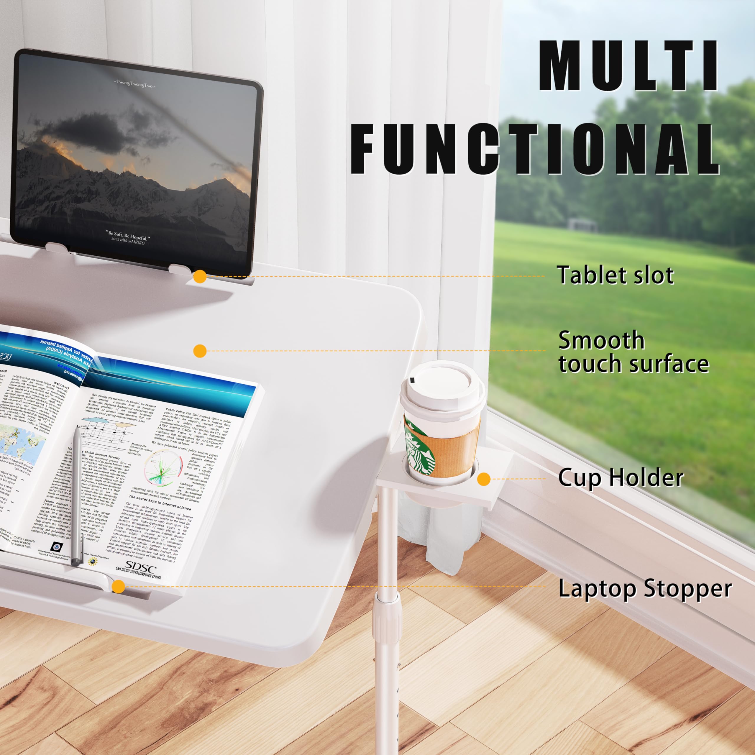 Allpop Ultra TV Tray Table - Adjustable Folding Tray with Book Stand, Cup Holder & Tablet Slot - Perfect for Eating, Working or Watching TV on Couch & Bed - White Home Office & Living Room Essential