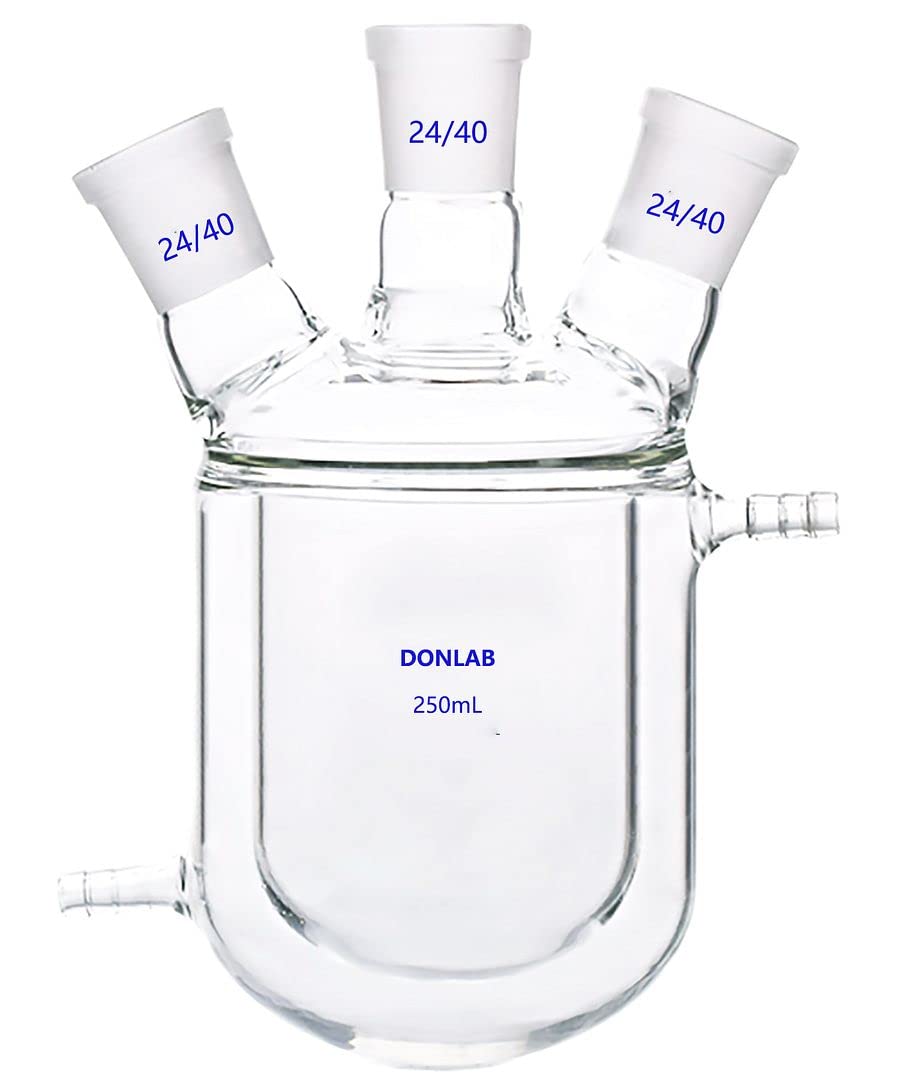 CFK-0250 250ml 3-Neck Jacketed Round Bottom Flask - Double Layer Glass Reactor with 24/40 Ground Glass Joints - Perfect for Chemistry Labs, Distillation & Organic Synthesis Experiments