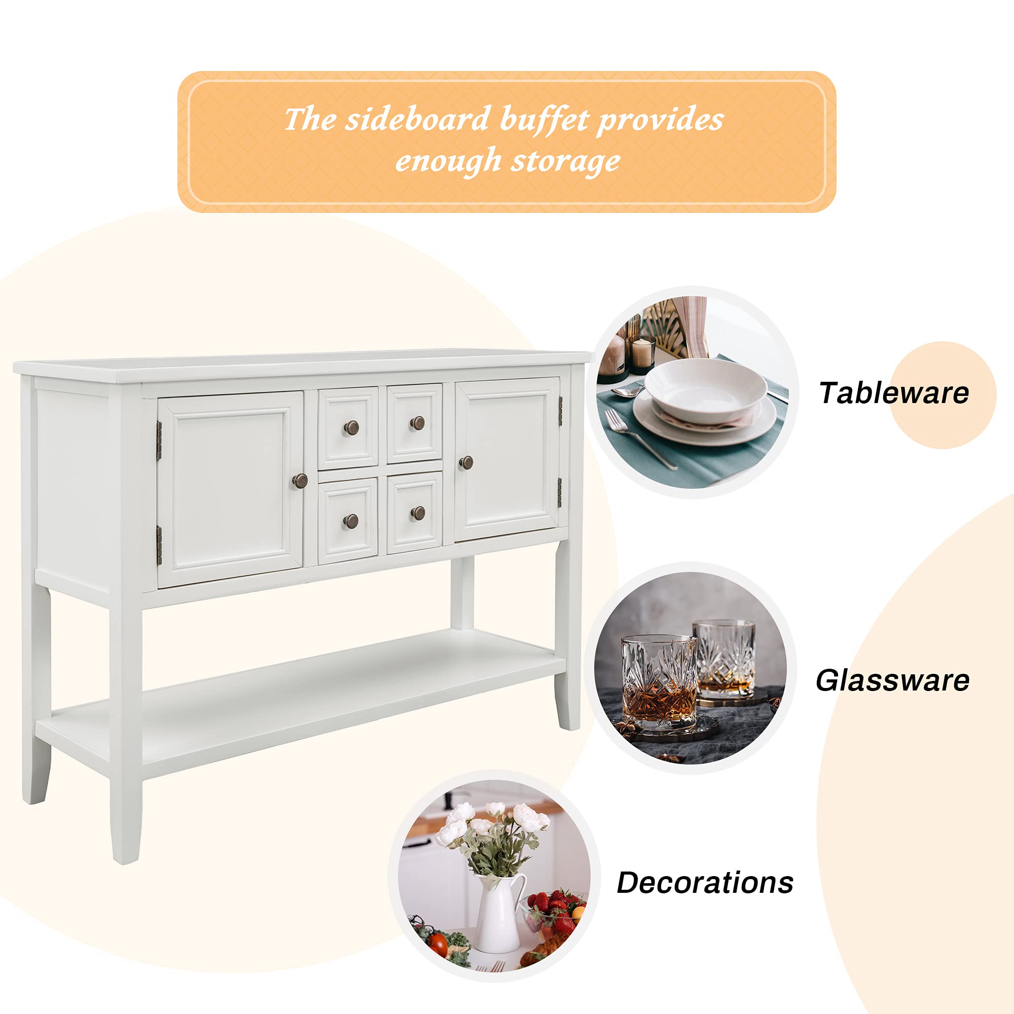 46 Inch Solid Wood Console Table with 4 Drawers & 2 Doors - Buffet Sideboard Sofa Table with Bottom Display Shelf for Living Room, Kitchen, Dining Room, Entryway & Hallway - Perfect for Home Storage & Display Decor