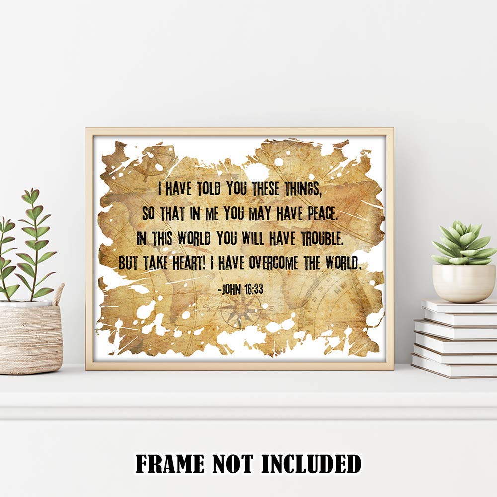Inspiring John 16:33 Bible Verse Wall Art - 11x14 Christian Scripture Print with Compass Design - Perfect for Home Decor, Church Gifts & Spiritual Encouragement - Ideal for Birthdays, Housewarming & Faith-Based Gifts