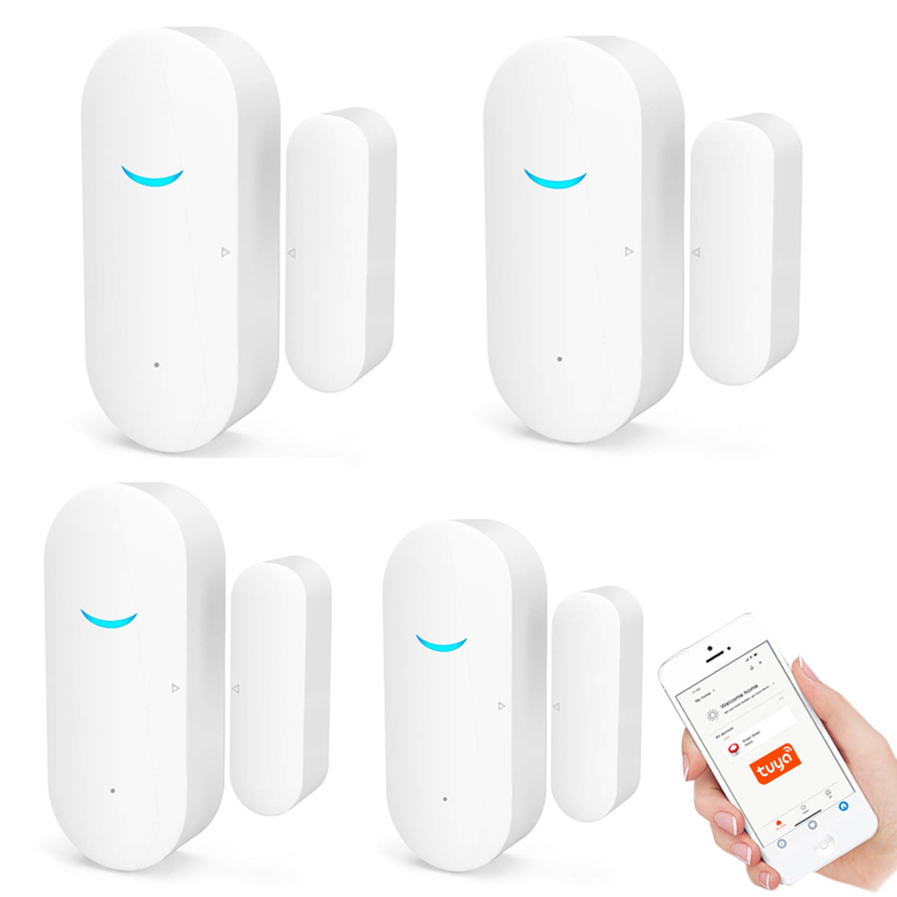 4 Pack WiFi Door Window Sensor Detector - Wireless Smart Security Alarm System | Tuya & Alexa/Google Home/Siri Compatible | Home & Business Security Solution | Monitor Doors, Windows & Valuables