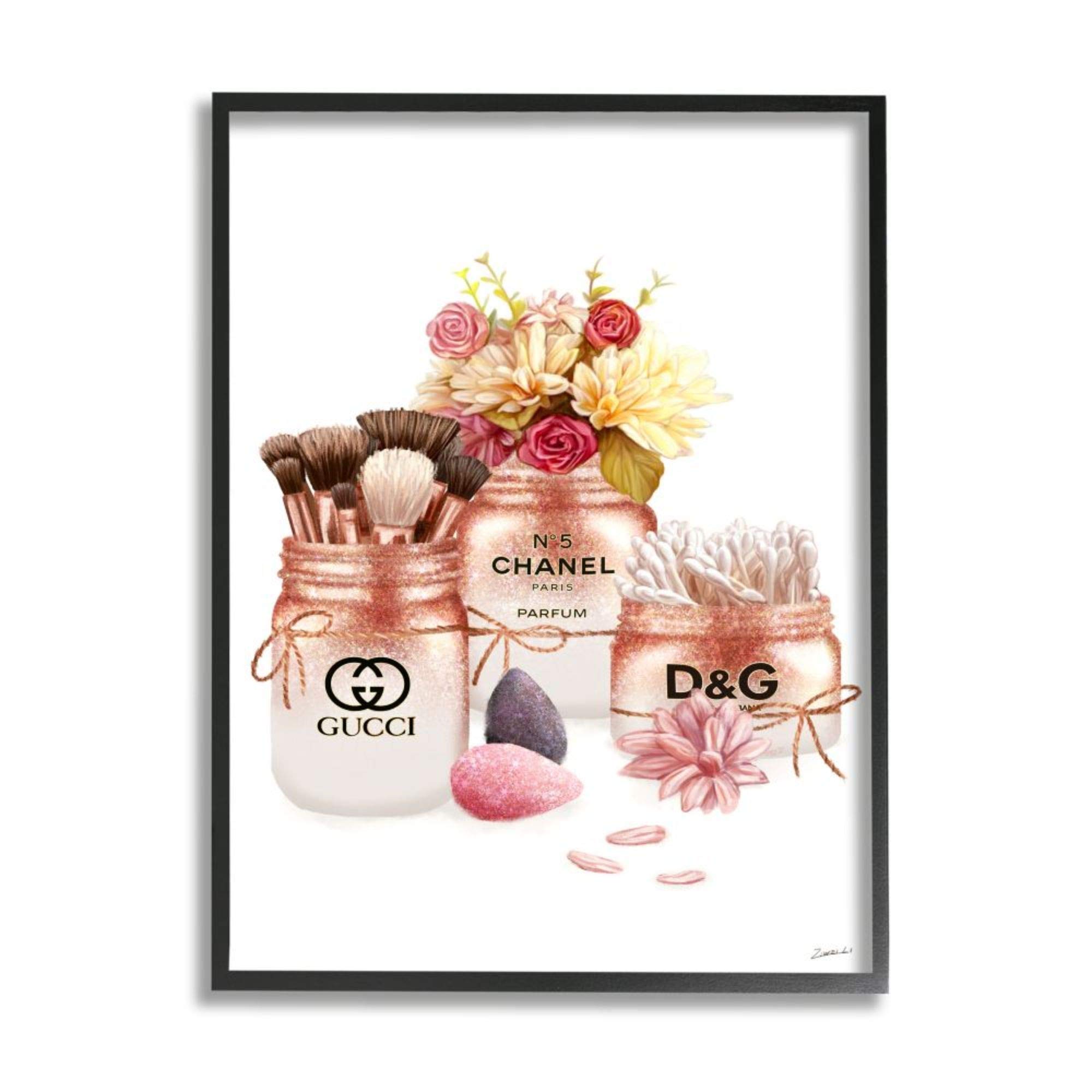 Stupell Industries Fashion Cosmetic Jars & Floral Bouquet Wall Art by Ziwei Li - Black Framed Home Decor, 24