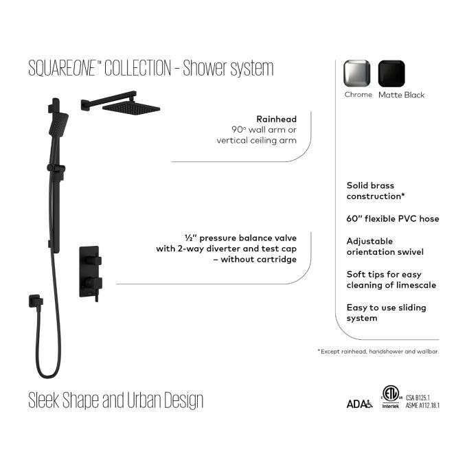 Kalia Square One PB4 Pressure Balance Shower System with Wall Arm - Perfect for Modern Bathrooms & Spa-Like Showers at Home