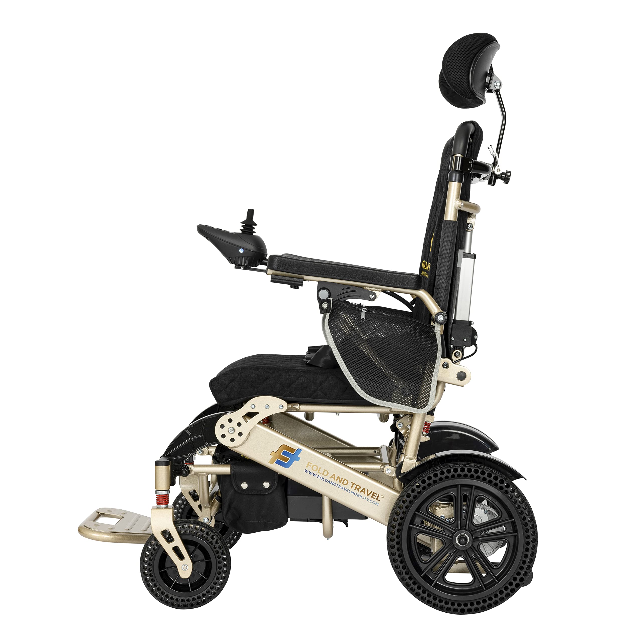 Foldable Electric Wheelchair for Adults & Seniors - Auto Recline Power Wheelchair with Gold Frame | Indoor & Outdoor Mobility Aid for Home, Travel & Shopping