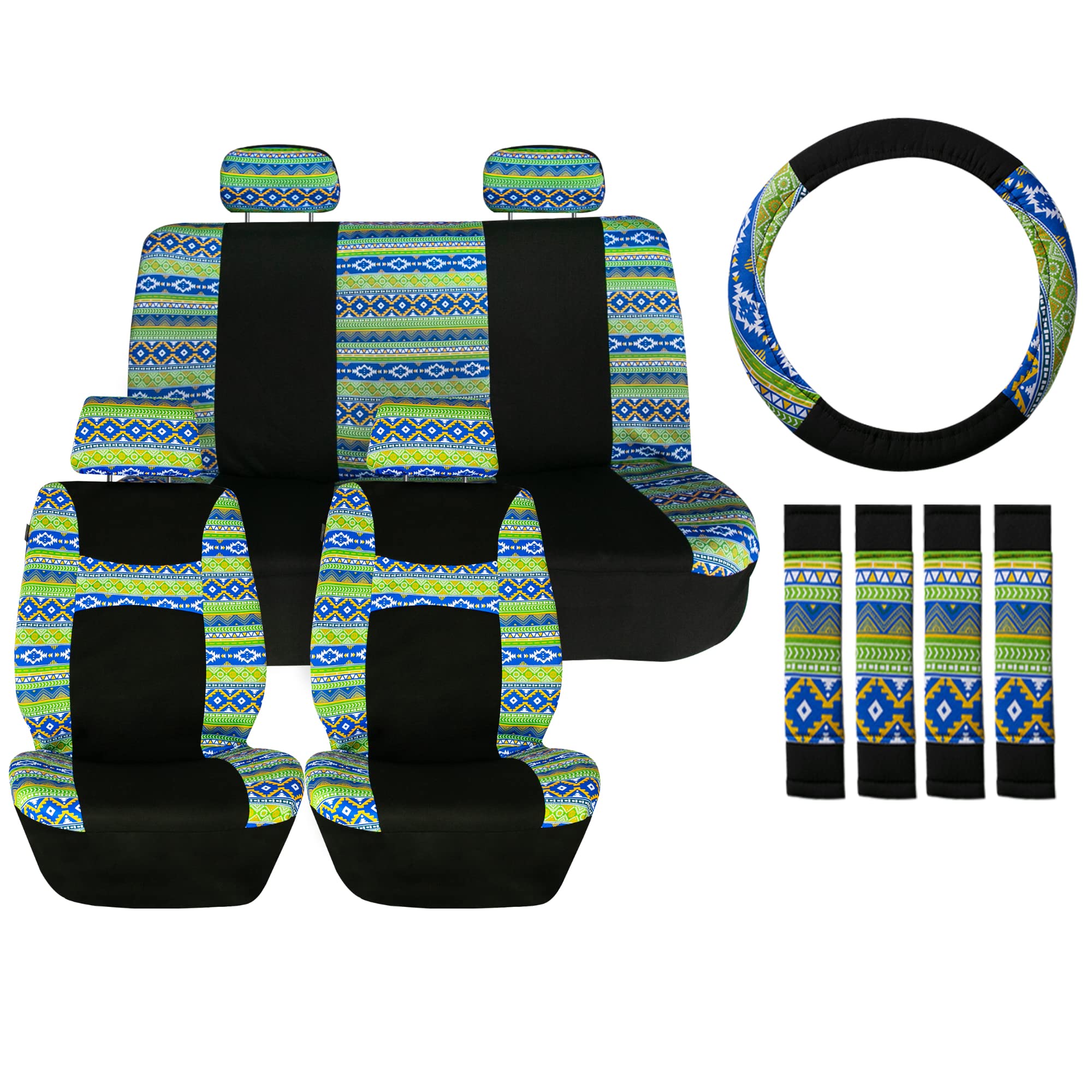 FH Group Full Set Southwestern Print Cloth Car Seat Covers - Universal Fit for SUV & Sedan | Low Back Front & Solid Back Seat Covers | Washable & Durable | Perfect for Road Trips & Daily Commute