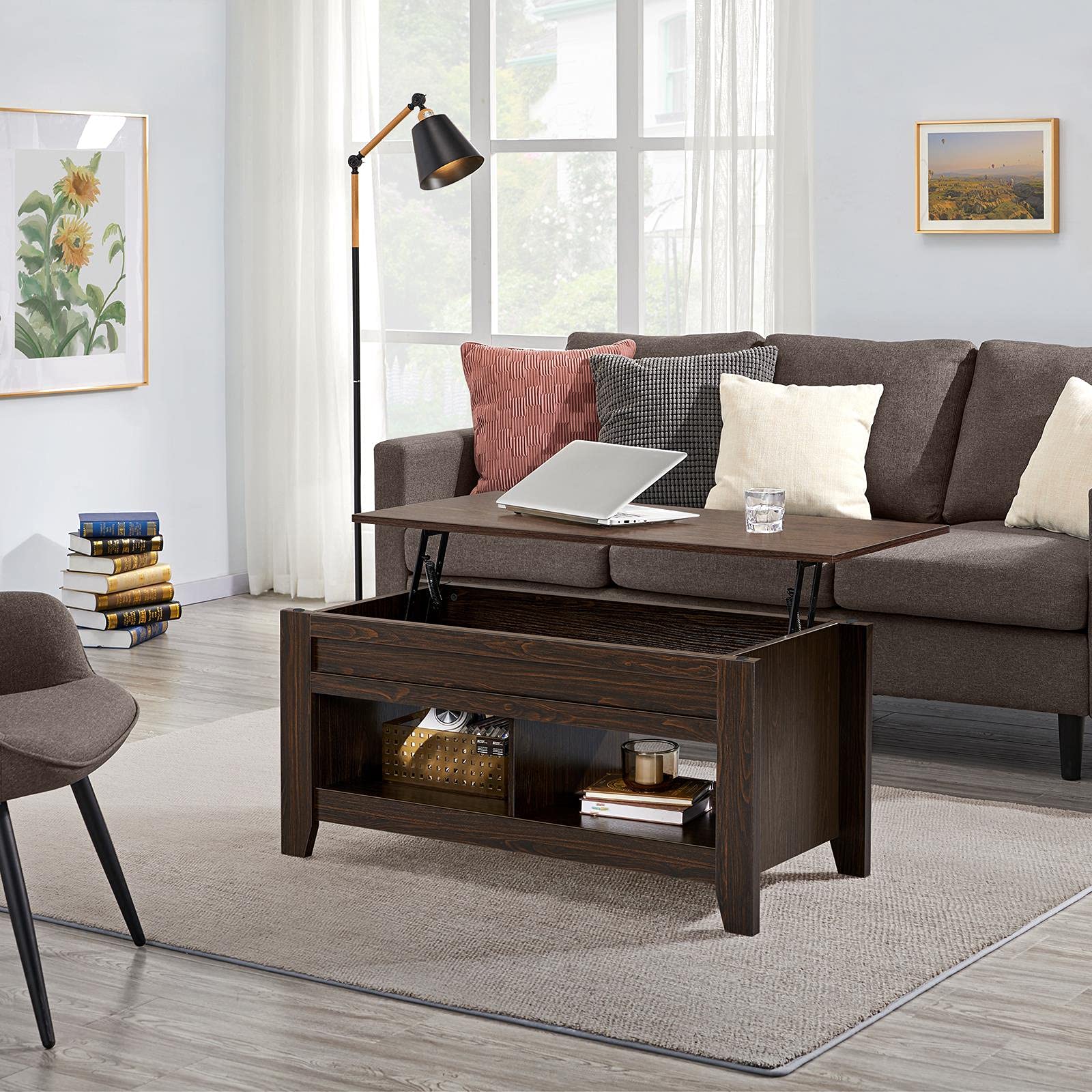 Yaheetech 41-inch Lift Top Coffee Table with Hidden Storage & Lower Shelf - Espresso Lift-Up Tabletop for Living Room, Dining, and Small Spaces