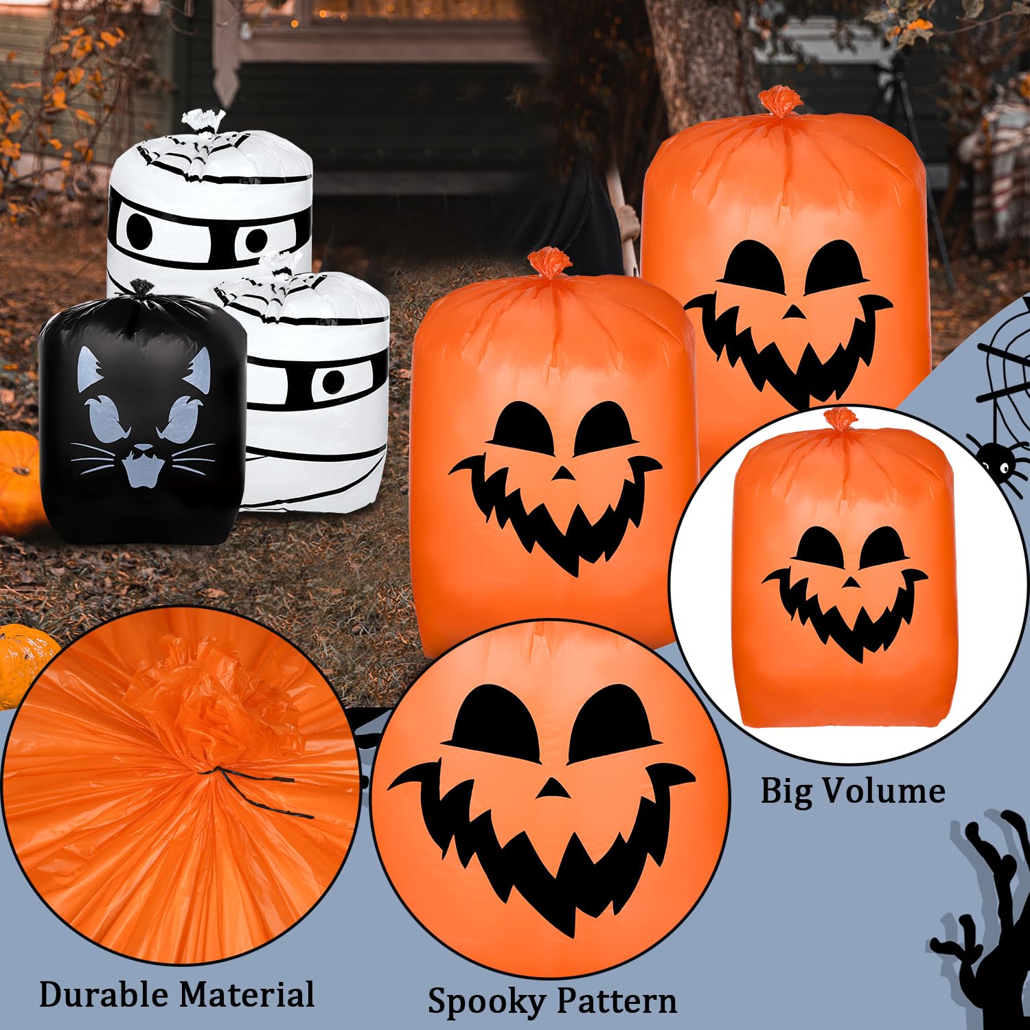 8-Piece Halloween Pumpkin Leaf Bags Set (36x48 Inch & 24x30 Inch) - Reusable Plastic Lawn Leaf Bags for Halloween Decorations, Outdoor Fall Garden Party, Yard Cleanup & Seasonal Decor