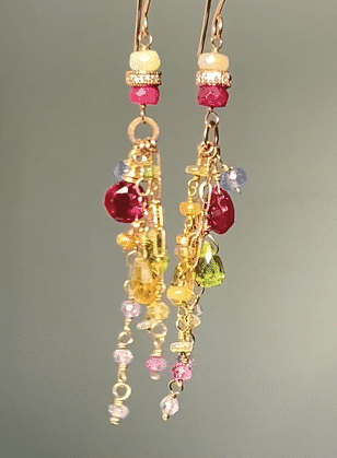 Multi-Color Gemstone Long Chain Dangle Earrings - Red Topaz, Pink Sapphire, Citrine & Opal in Rose Gold | Elegant Jewelry for Women, Perfect for Parties, Weddings & Special Occasions