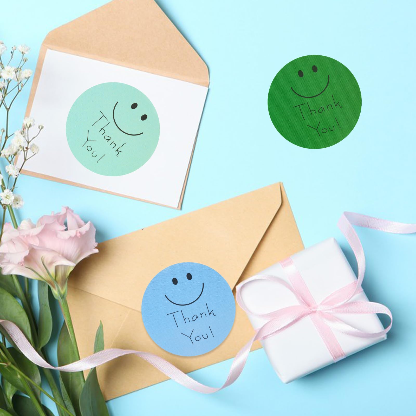 Anwyll 500Pcs 1.5 Inch Thank You Stickers for Small Business - 8 Cute Smiley Face Design Labels for Packaging, Envelopes, Gift Wrapping & Party Favors - Perfect for Birthday, Wedding & Customer Appreciation Gifts