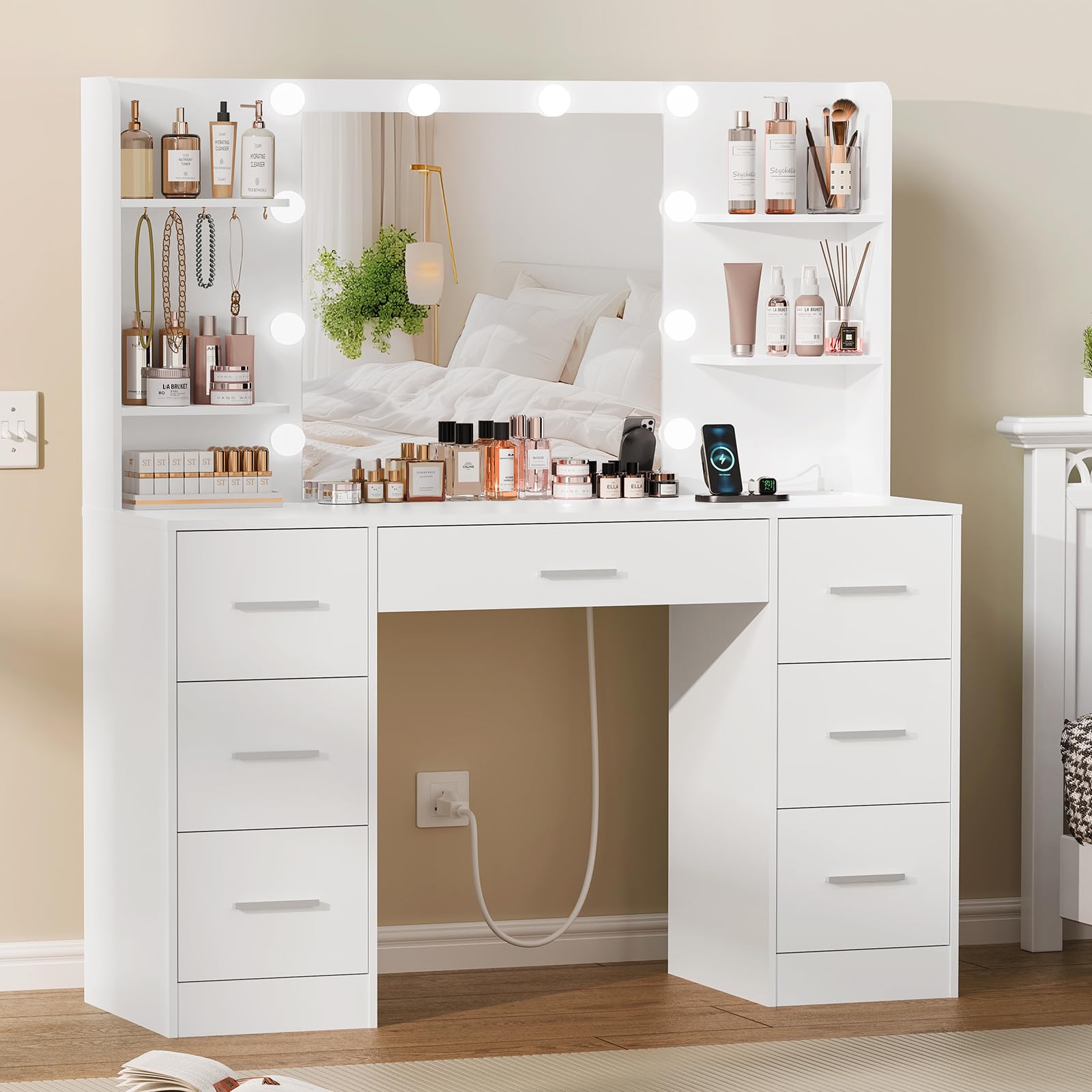 Quimoo White Large Vanity Desk with LED Lighted Mirror & Power Outlet - Makeup Vanity Table with 7 Drawers, 4 Shelves & 5 Hooks - Perfect for Bedroom & Bathroom Organization - Ideal for Makeup, Skincare & Jewelry Storage