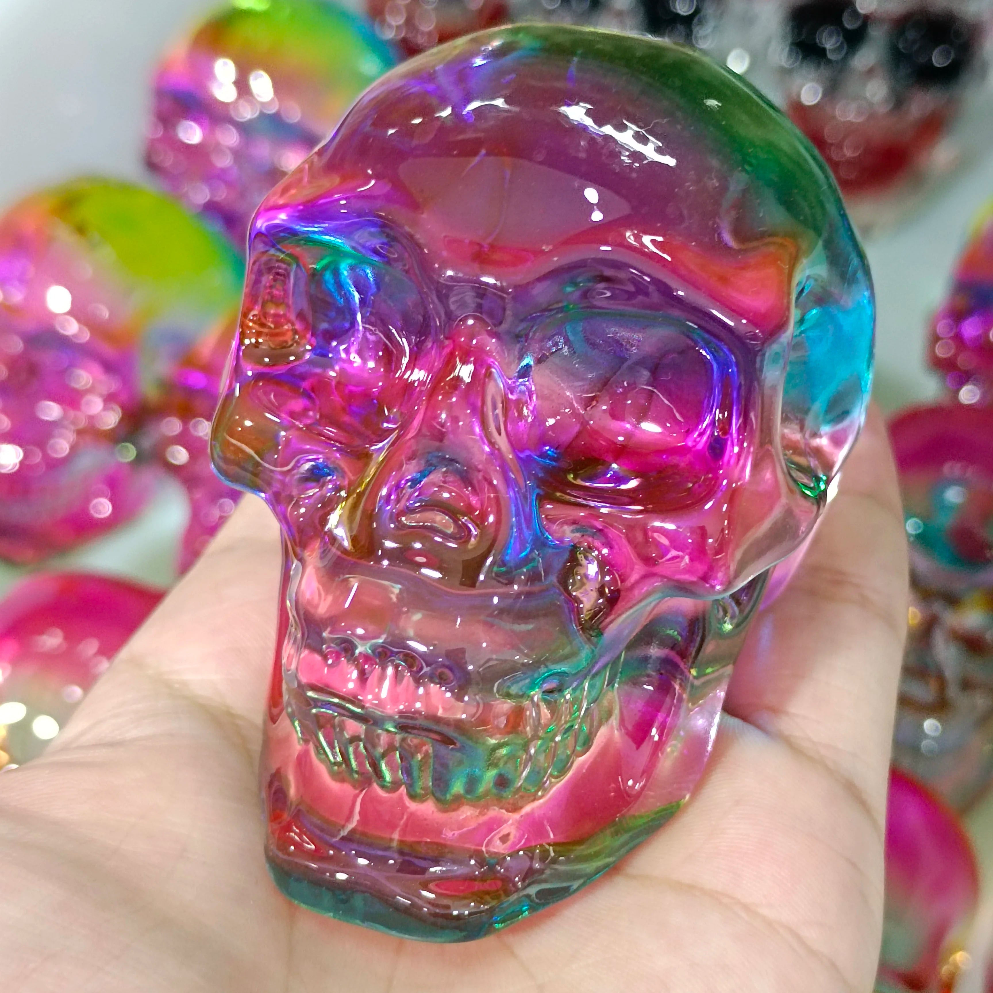 7-8cm Natural Aura Quartz Crystal Skull Carving - Handcrafted Mineral Specimen for Home Decor, Halloween DIY, Meditation & Healing Stone | Perfect for Gifts, Altars & Spiritual Practices