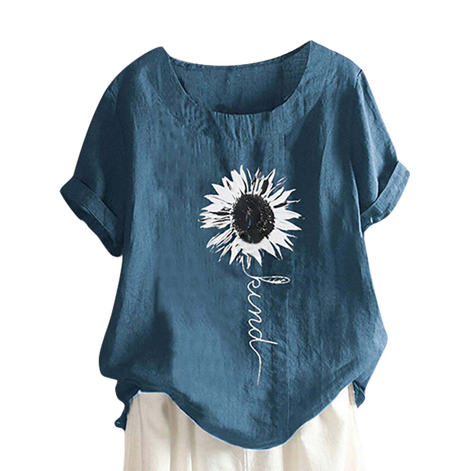 Stylish Women's Summer Tops - 100% Cotton & Linen Sunflower Print Short Sleeve Blouse with Crew Neck | Perfect for Beach Outings, Casual Wear & Vacation Outfits