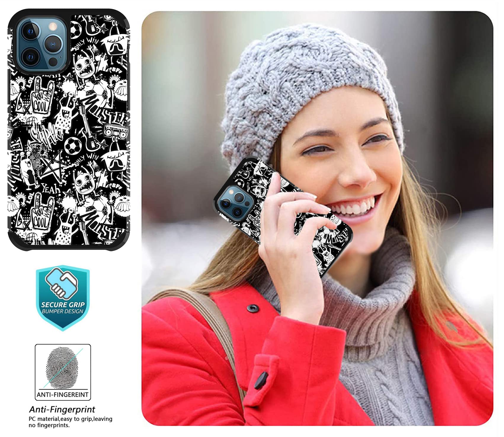 iPhone 12 Pro Max Case - Heavy Duty Dual Layer Protective Cover with Graffiti Design | Shockproof, Anti-Scratch & Stylish Bumper Phone Case (Black) - Perfect for Outdoor Activities, Travel & Daily Protection