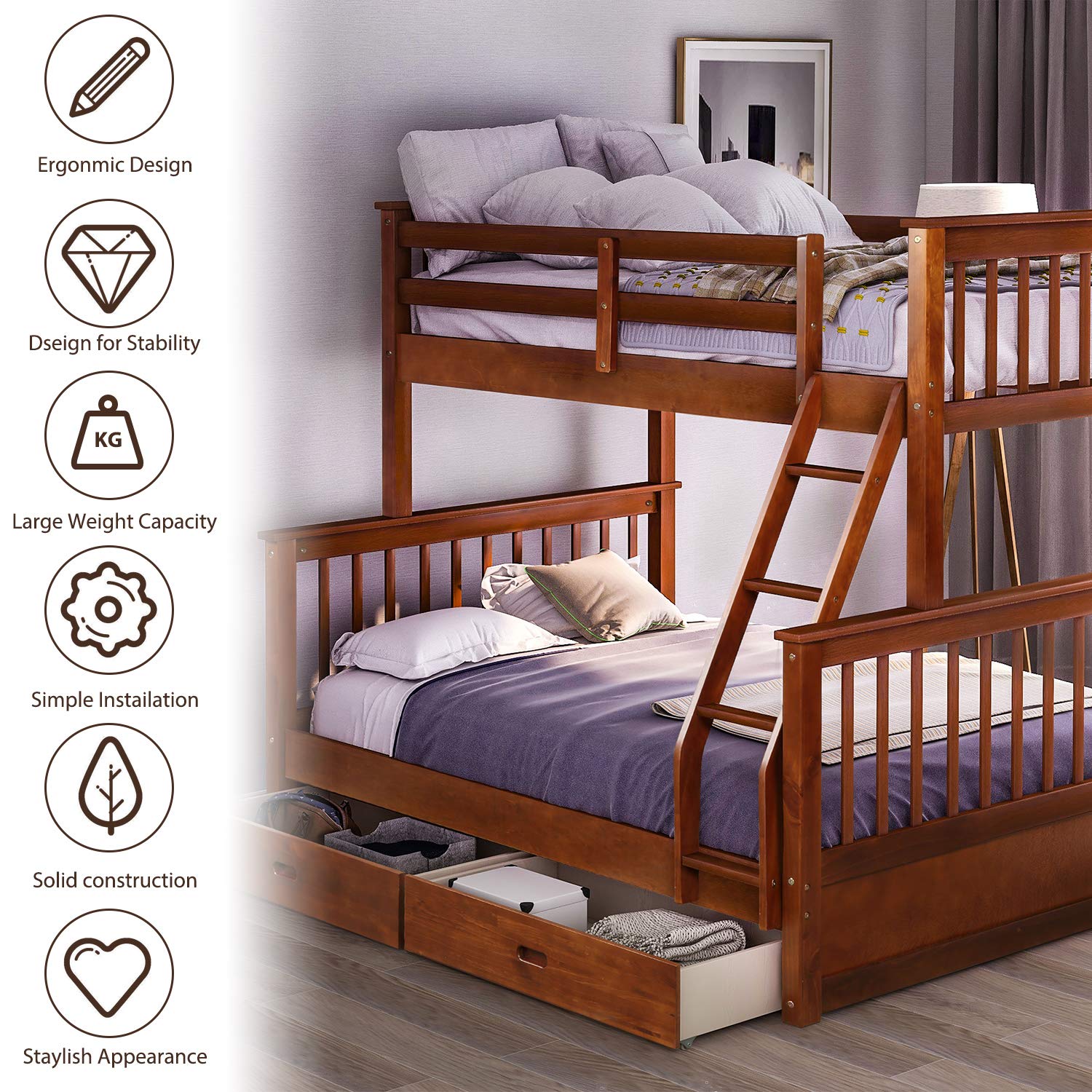 Harper & Bright Designs Twin Over Full Bunk Bed with Storage Drawers - Solid Wood Bunk Bed Frame with Ladder - Space Saving Kids Bedroom Furniture in Walnut Finish - Perfect for Small Rooms, Shared Kids Bedrooms & Guest Rooms