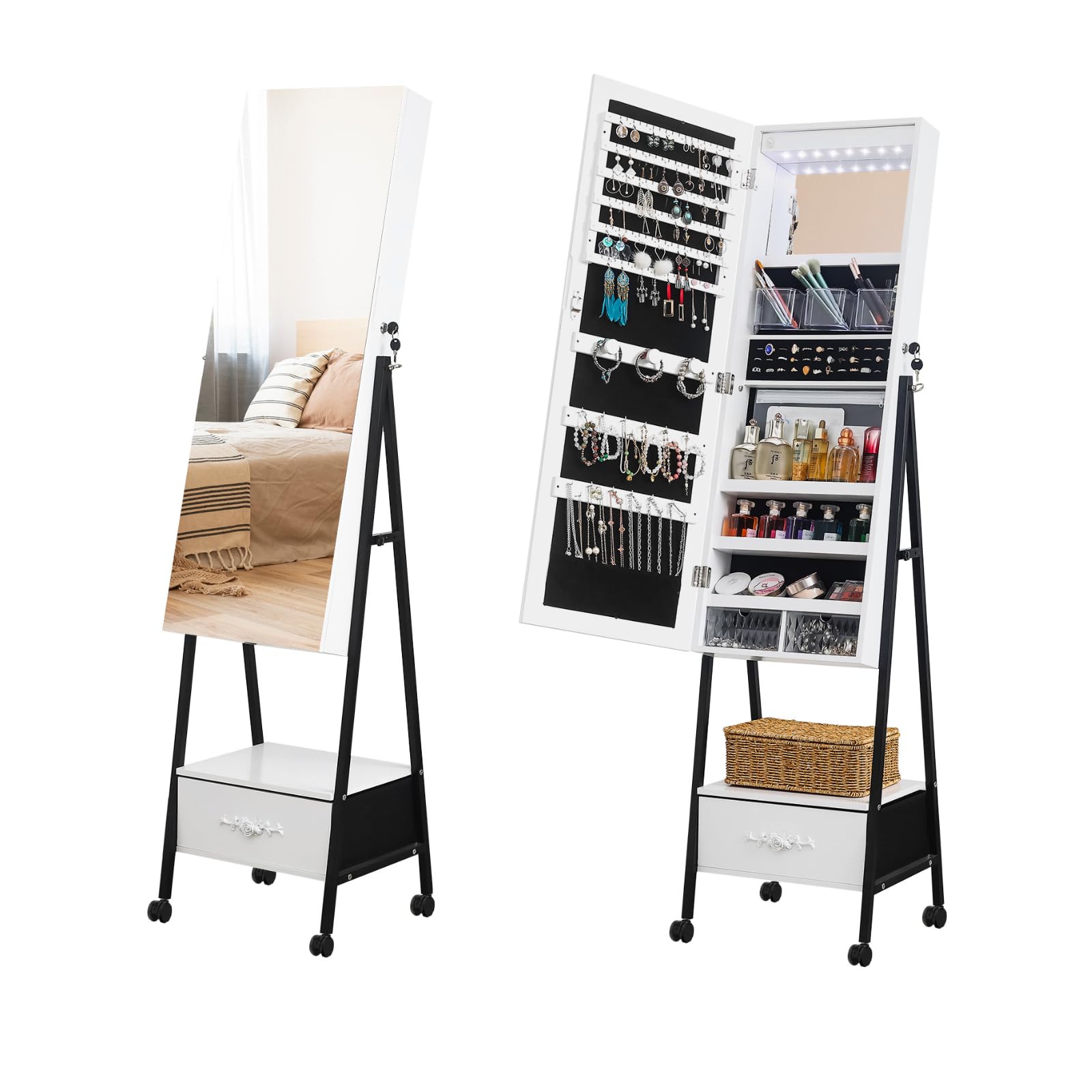 Karl Home Jewelry Cabinet with Full-Length Mirror - Lockable Jewelry Armoire Organizer with Foldable Rack, Wheels & LED Lights - Freestanding Storage Stand for Earrings, Rings, Necklaces & Cosmetics - Perfect for Bedroom, Closet or Dressing Room Organization
