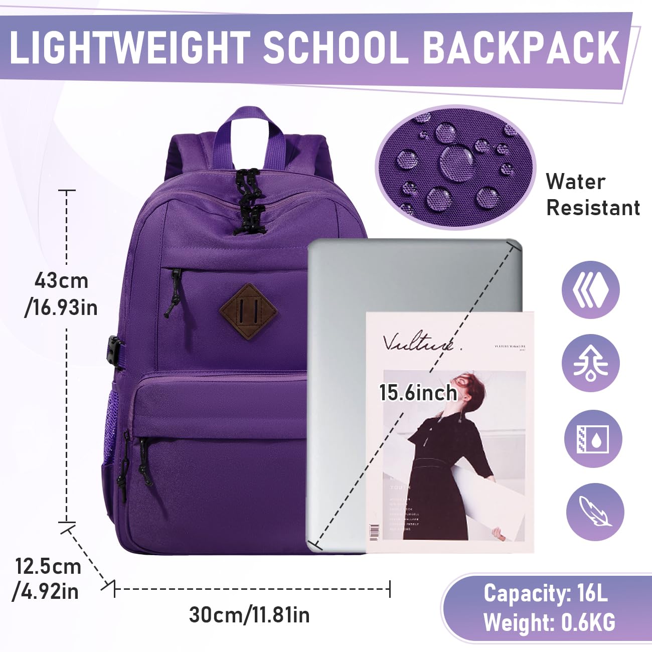 Kasqo Water Resistant Lightweight School Backpack for Women & Teen Girls - Purple Casual Daypack Book Bag for College, High School, Travel | Perfect for Daily Commute, Campus Life & Weekend Getaways