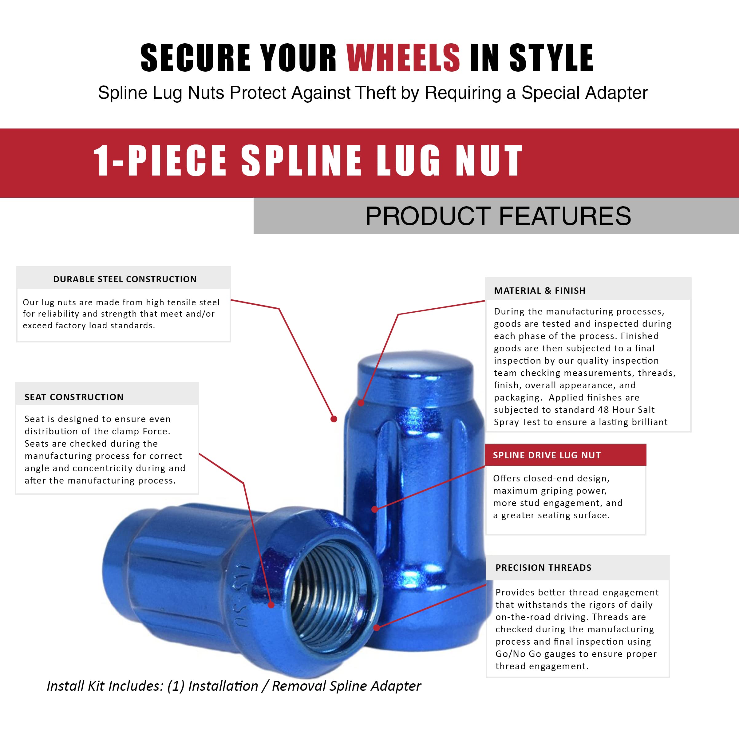 Blue M12x1.25 Spline Lug Nuts (Set of 20) - Fits Infiniti Nissan Toyota - for Car Wheels & Custom Rims