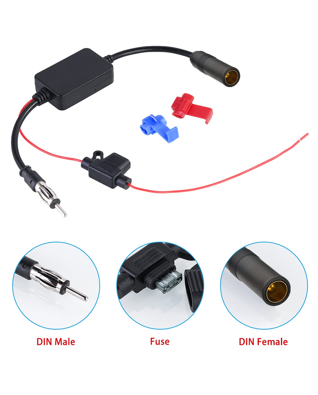 Vecys FM/AM DAB DAB+ Car Antenna Signal Booster Amplifier - DIN Female to DIN Male Adapter 12V Digital Radio Antenna Splitter - Enhances Audio Stereo Reception for Car Digital Radios - Perfect for Road Trips & Daily Commuting