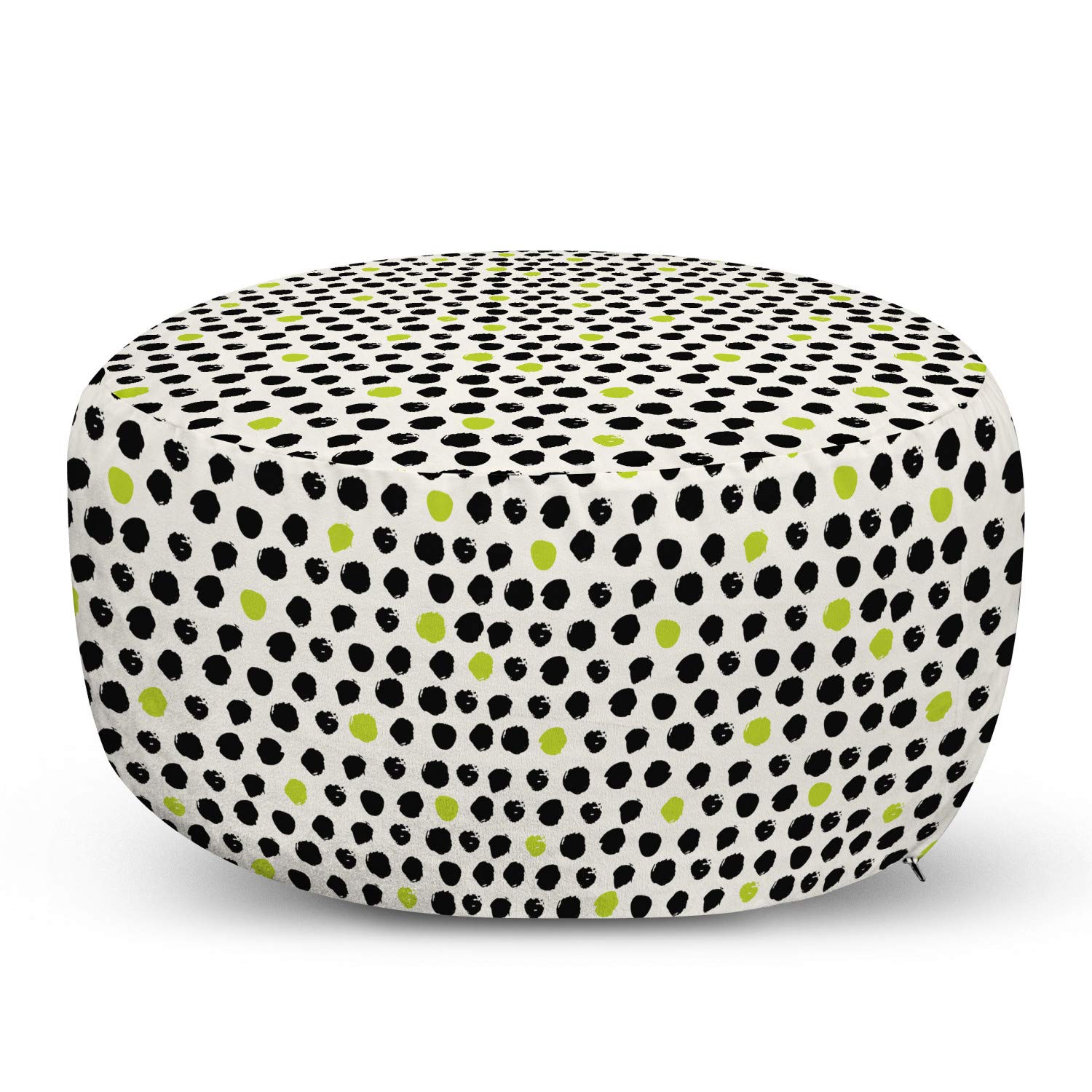 Abstract Hand-Painted Ottoman Pouf with Brushstroke & Polka Dot Design - Soft Decorative Footrest with Removable Cover for Living Room & Bedroom - Black, Cream & Lime Green - Perfect for Home Decor, Lounge Seating & Cozy Reading Nooks