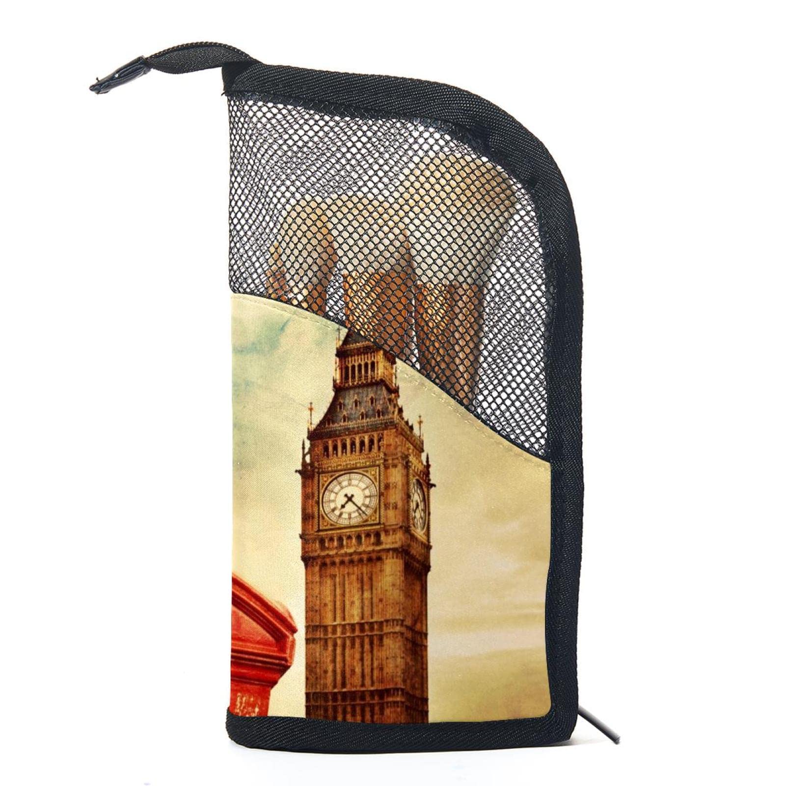 12-Piece Makeup Brush Organizer Bag with London Red Telephone Big Ben Design - Portable Travel Cosmetic Brush Holder Case for Professional & Home Use