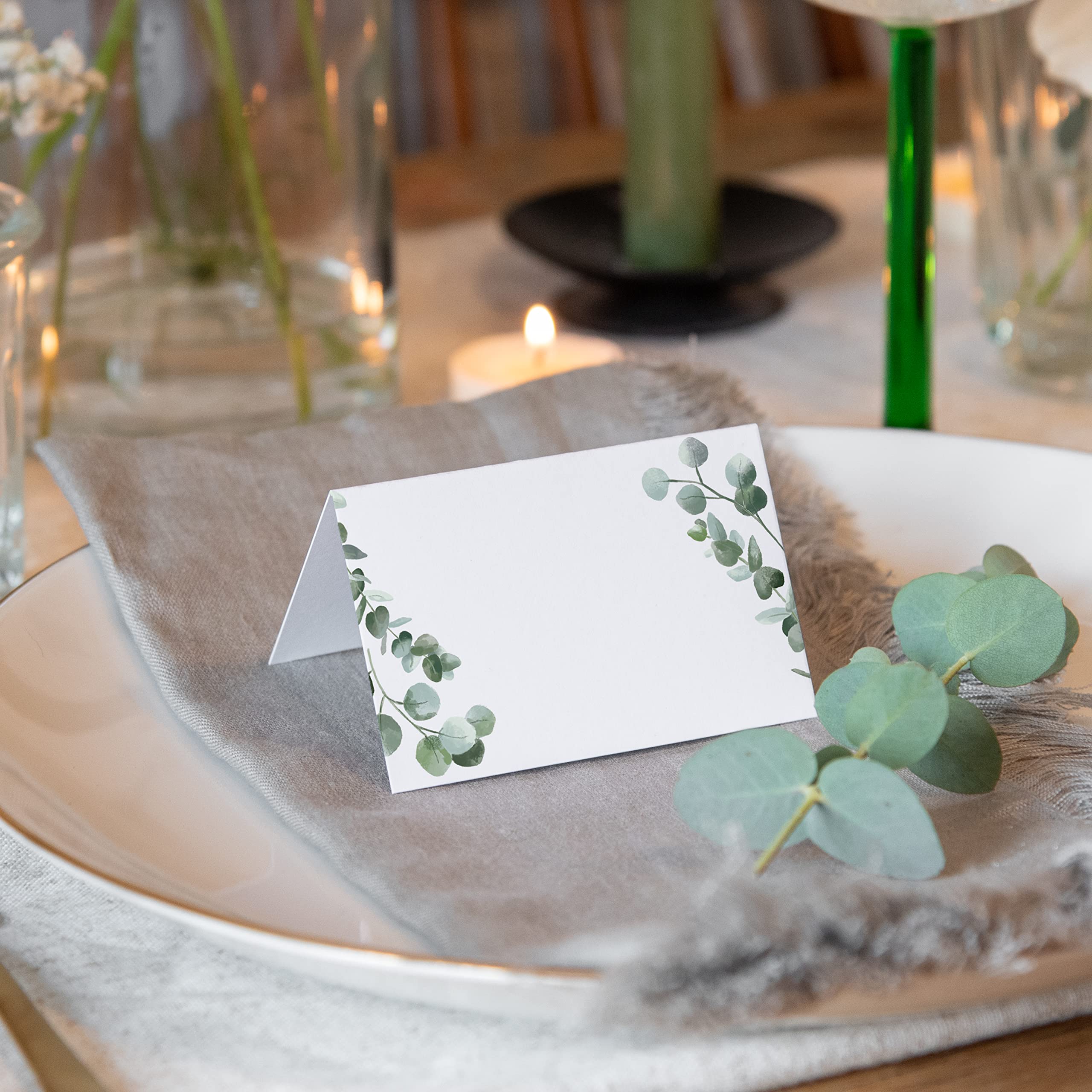 Eucalyptus Name Place Cards for Weddings & Parties - 50-Pack White & Green Folded Table Name Cards for Reception, Birthday, and Table Setting - Elegant Manta Makes Place Cards for Events & Celebrations