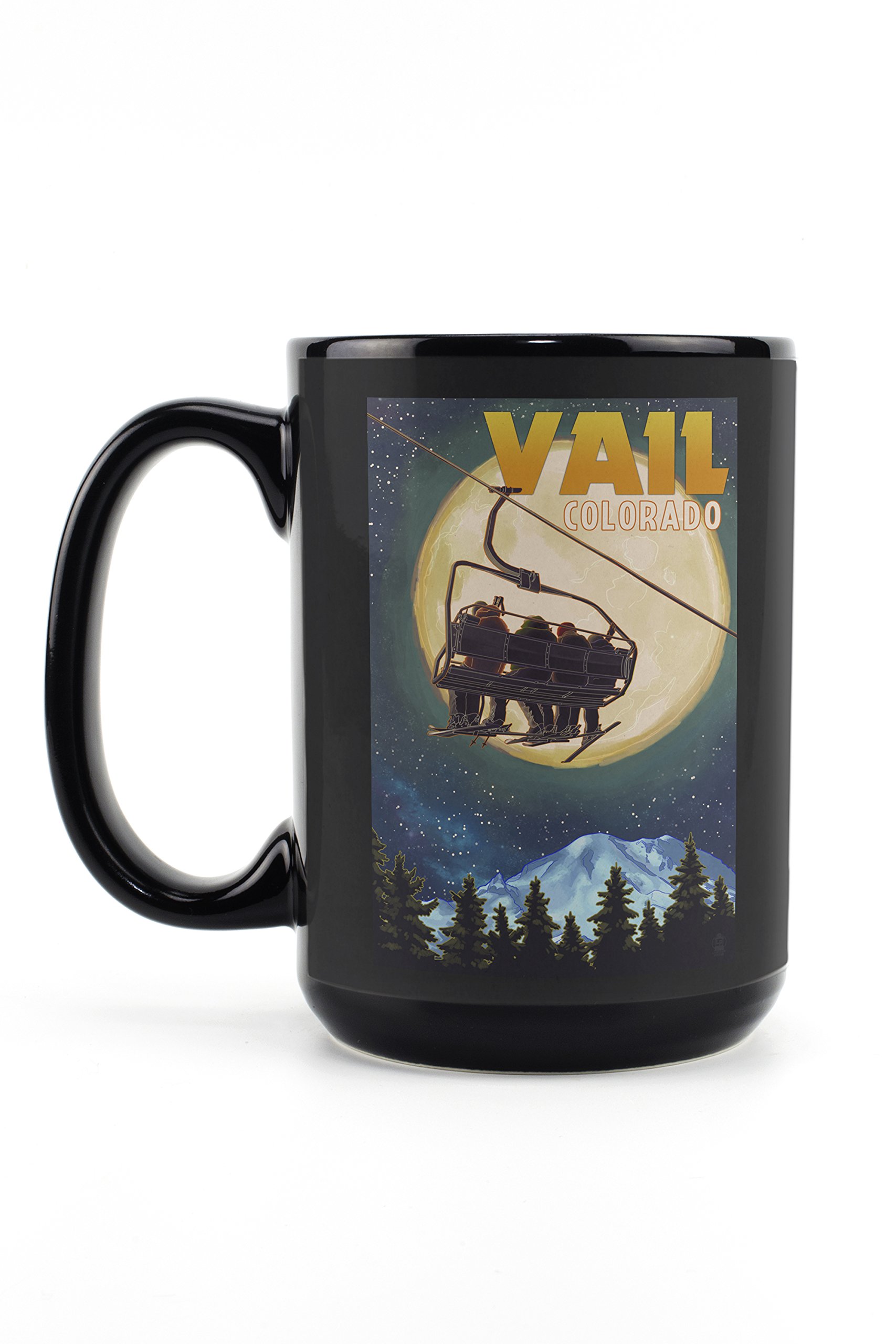 Lantern Press Vail Colorado Ski Lift & Full Moon 15oz Black Ceramic Coffee Mug - Microwave & Dishwasher Safe - Perfect for Hot Drinks, Office Use & Mountain Cabin Decor