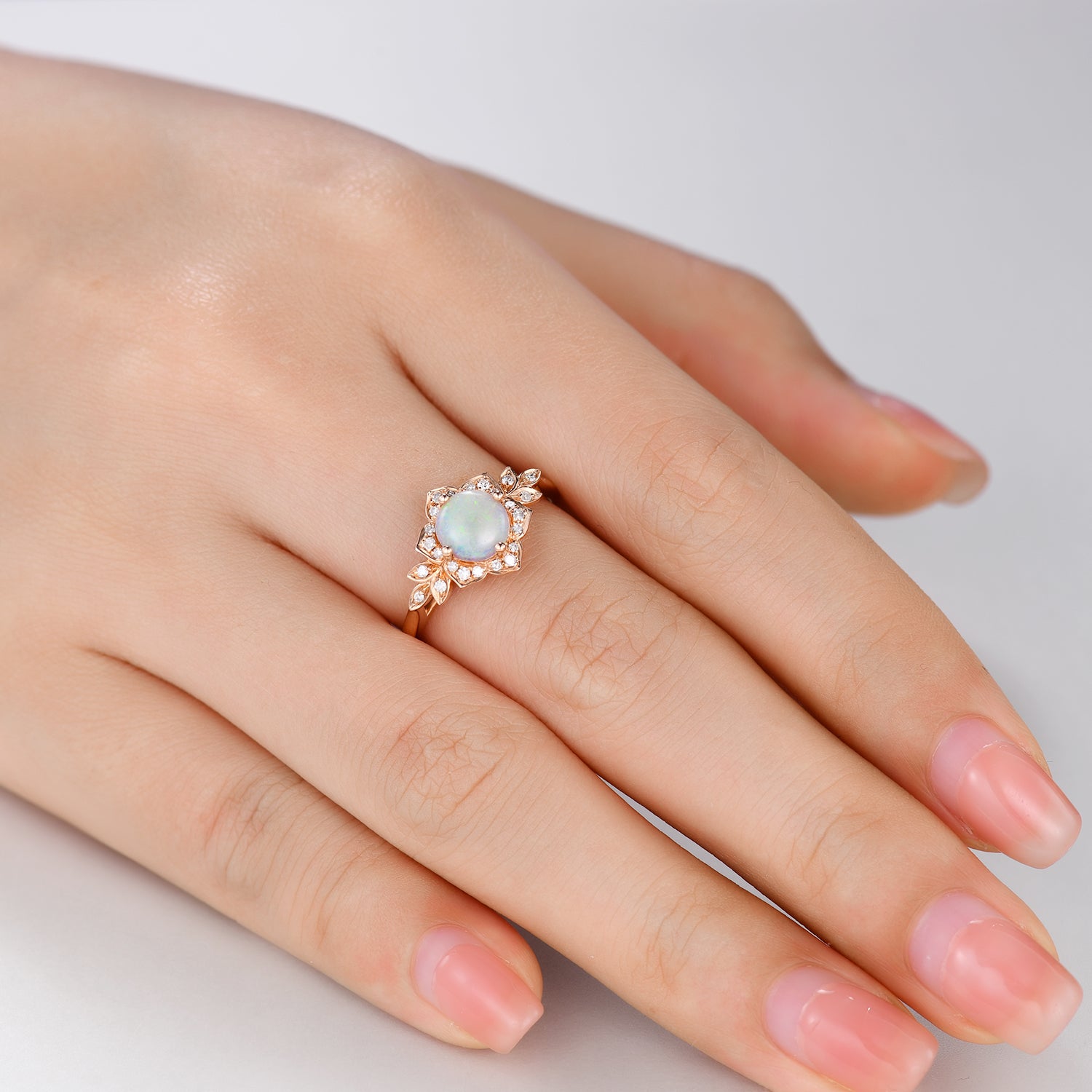 Round White Opal and Moissanite Diamond Engagement Ring - Halo Floral Design for Wedding, Proposal & Anniversary Gifts