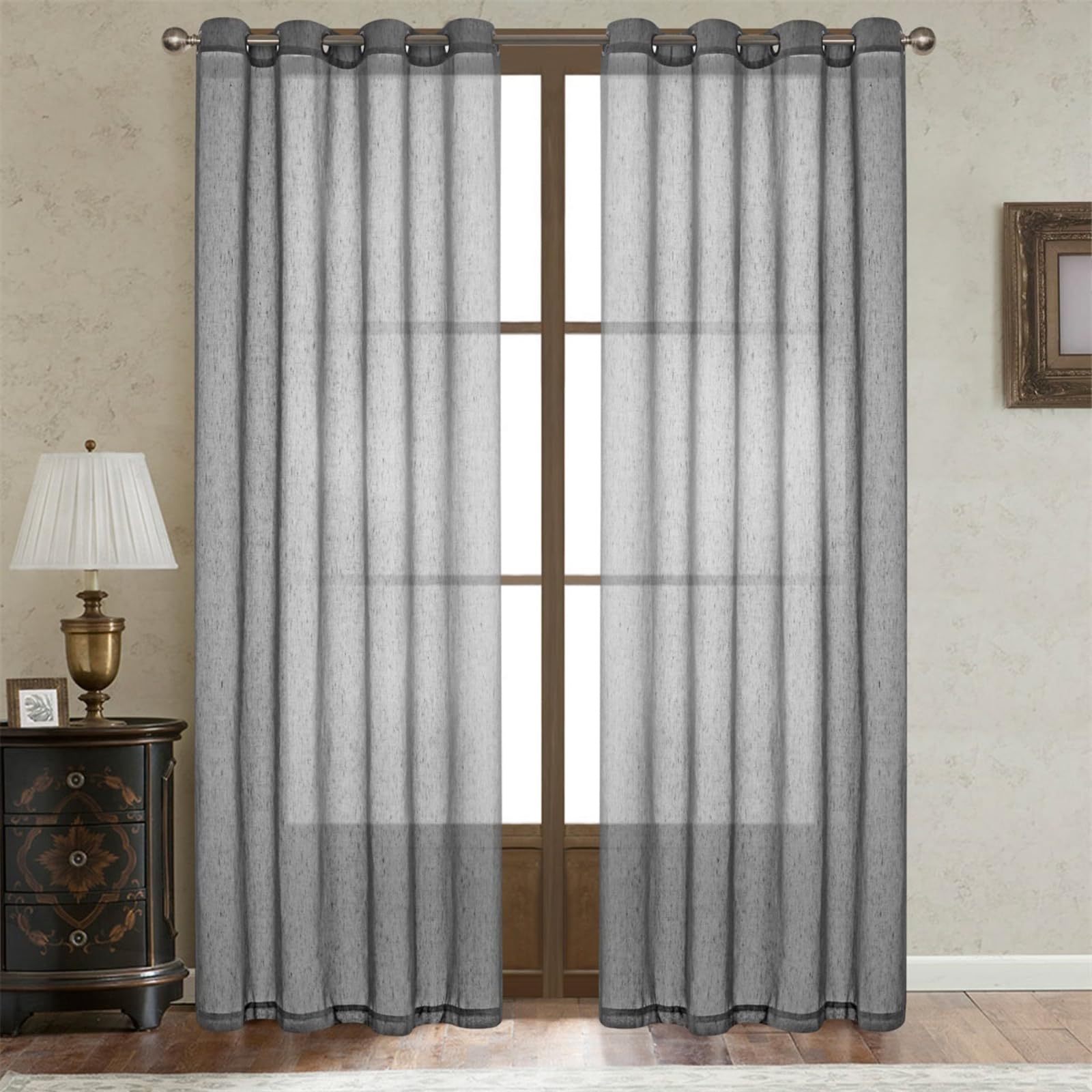 LOYOLADY Grey Linen Curtains 102 Inches Long - 2 Panels Set, Semi-Sheer Window Drapes for Bedroom & Living Room (72