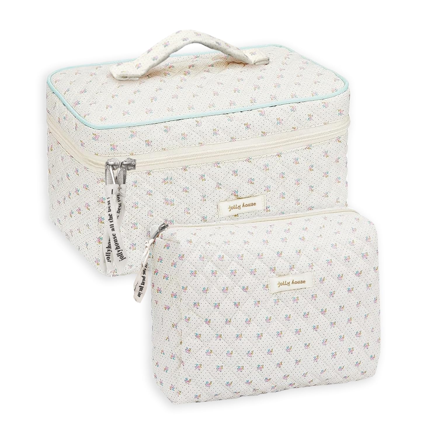 GEMLORD 3-Piece Preppy Patch Makeup Bags Set - Small Chenille Letter Cosmetic Pouches, Waterproof PU Leather Zipper Toiletry Bags for Women & Teen Girls (White, Blue, Pink) | Perfect for Travel, Gym, School & Gift Giving