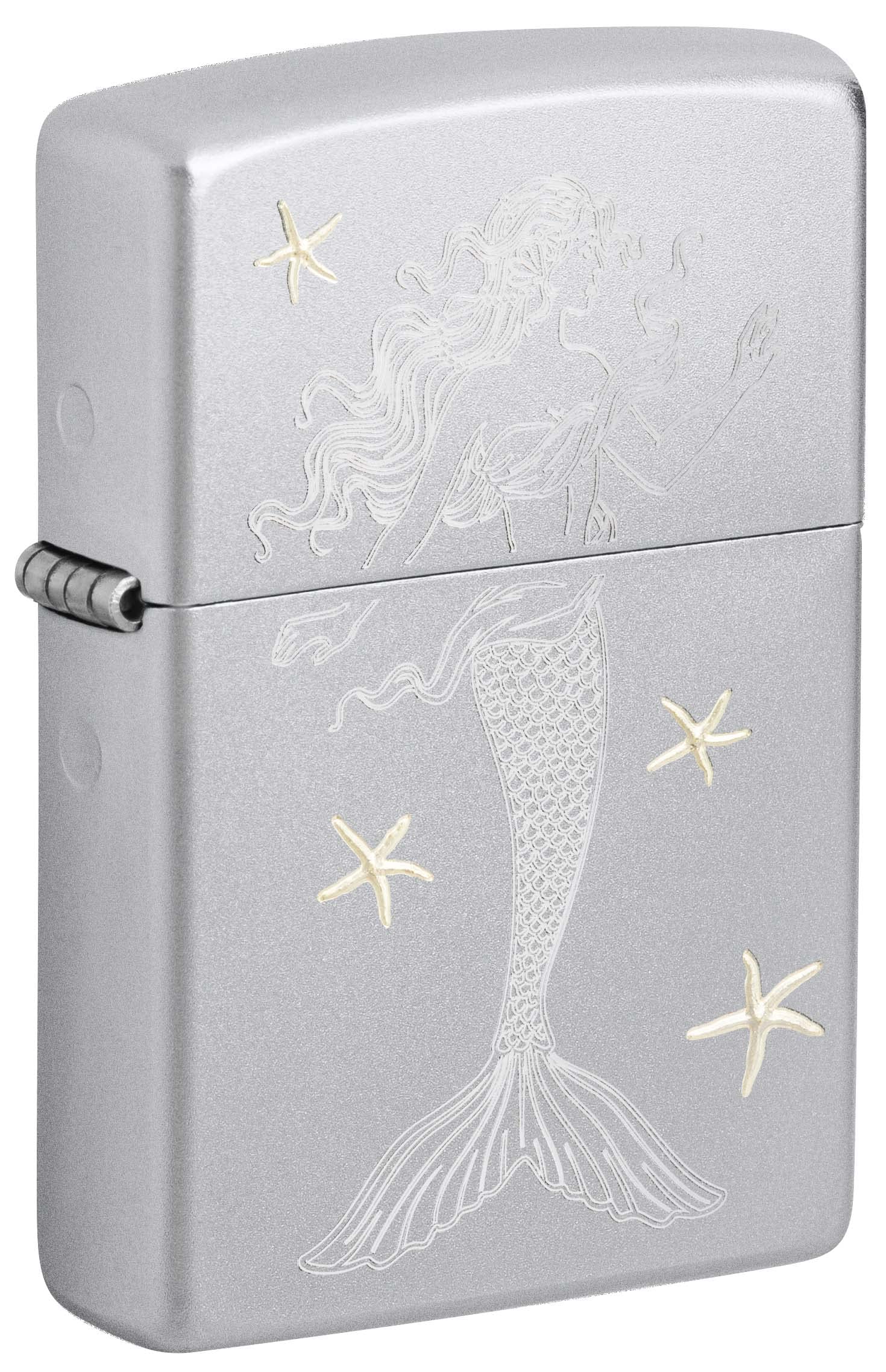 Zippo Lighter Engraved Mermaid with Starfish - Satin Chrome 81111 | Windproof Refillable Metal Lighter for Camping, Hiking & Outdoor Adventures