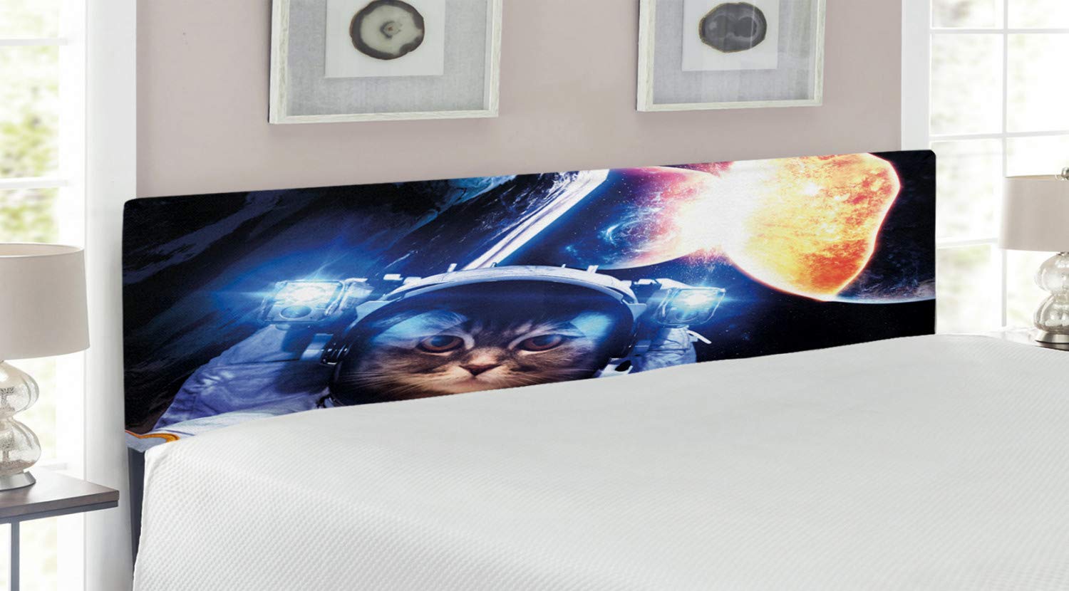 Ambesonne Space Cat Headboard - King Size Upholstered Metal Bed Frame with Memory Foam, Dark Blue & Orange Cosmic Design Featuring Kitten in Suit & Nebula Art | Perfect for Modern Bedroom Decor & Sci-Fi Theme Rooms