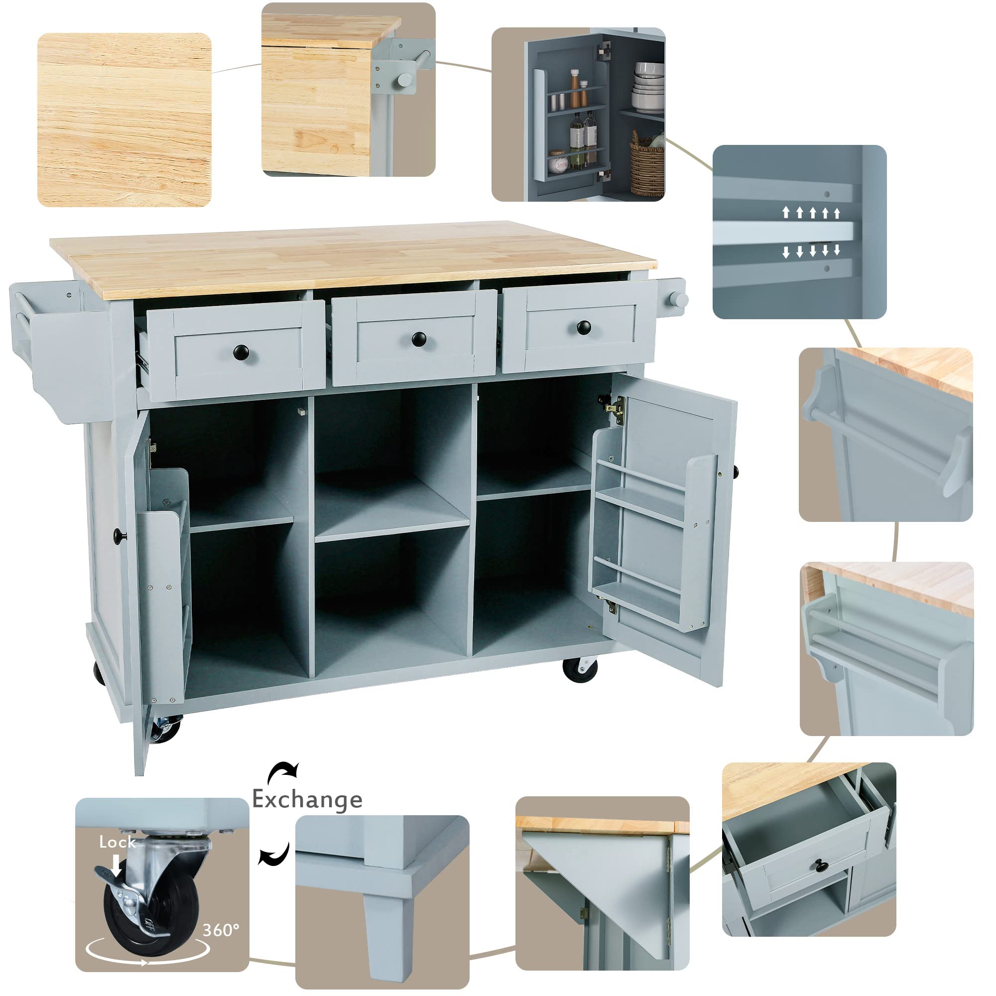 Multi-Functional Kitchen Island Cart with Drop-Leaf Cabinet, 5-Wheel Mobile Base, 3 Storage Drawers & Internal Rack - 53.1