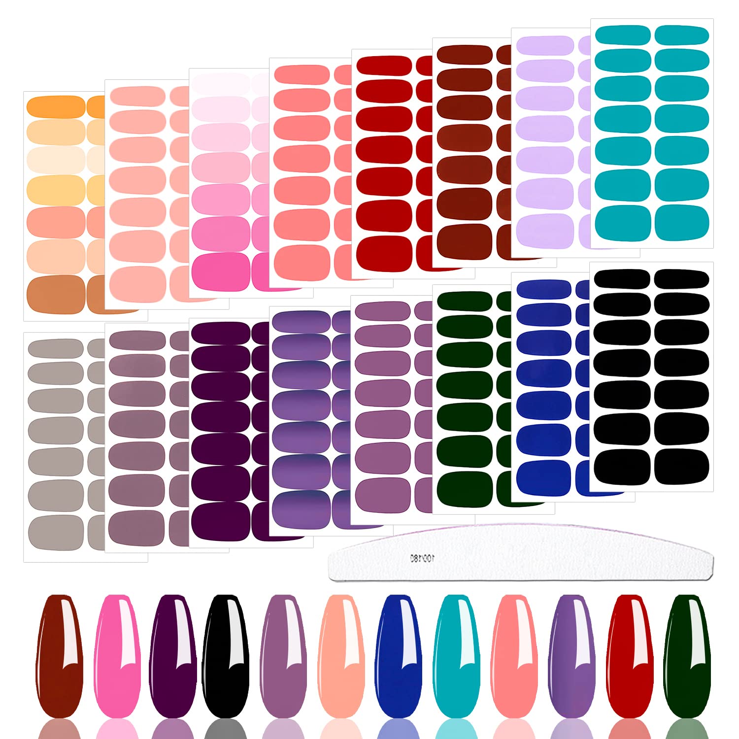 JERCLITY 16 Sheets Solid Color Nail Stickers - Full Nail Wraps, Real Nail Polish Strips for Women, Bright Color Gel Nail Strips with Nail File - Perfect for Nail Art, DIY Manicures, and Home Salon Use