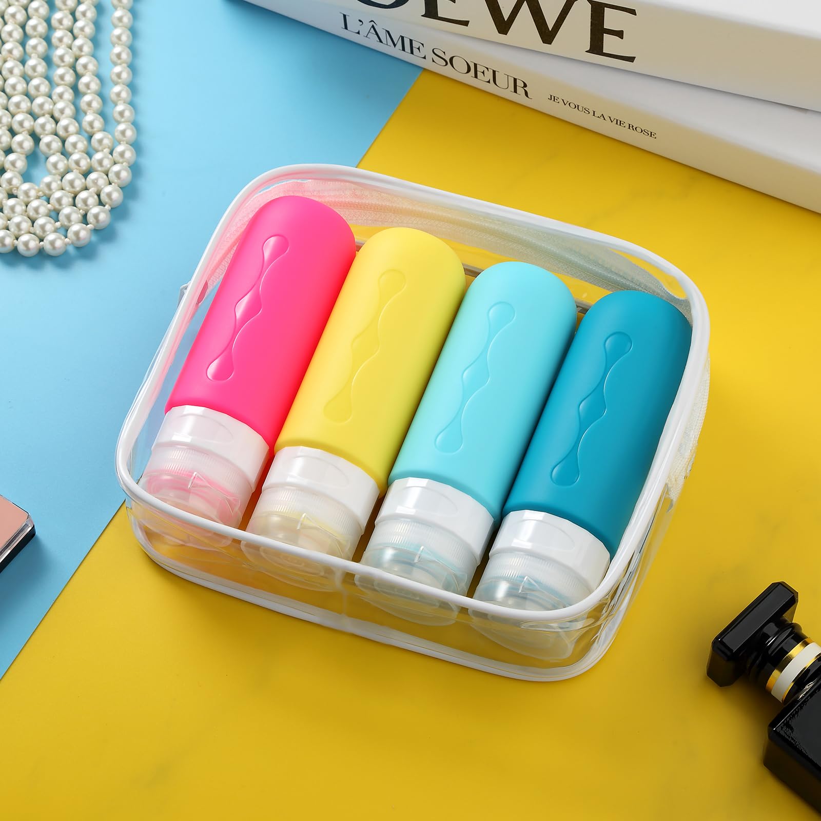 TSA Approved Travel Bottles 3oz (4 Pack) - Leak Proof, BPA Free Refillable Toiletry Containers with Clear Bag for Shampoo, Lotion & Cosmetics | Perfect for Airplane Carry-On, Vacation & Business Trips