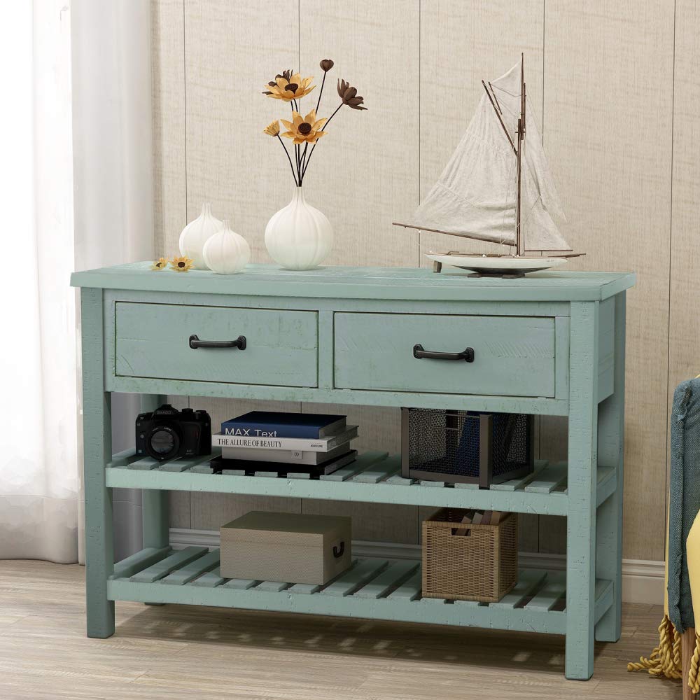 MeiBoAll Retro Console Table with 2 Drawers & 2 Bottom Shelves - Antique Blue Sofa Side Table with Storage Organizer | Entryway, Bedroom & Living Room Furniture for Home Decor