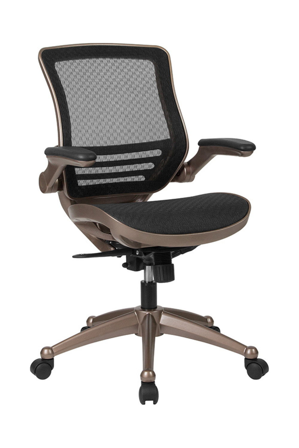 FLASH Warfield Mid Back Mesh Office Chair - Ergonomic Executive Swivel Chair with Transparent Black Mesh, Melrose Gold Frame & Flip-Up Arms - Perfect for Home Office, Conference Rooms & Workspaces