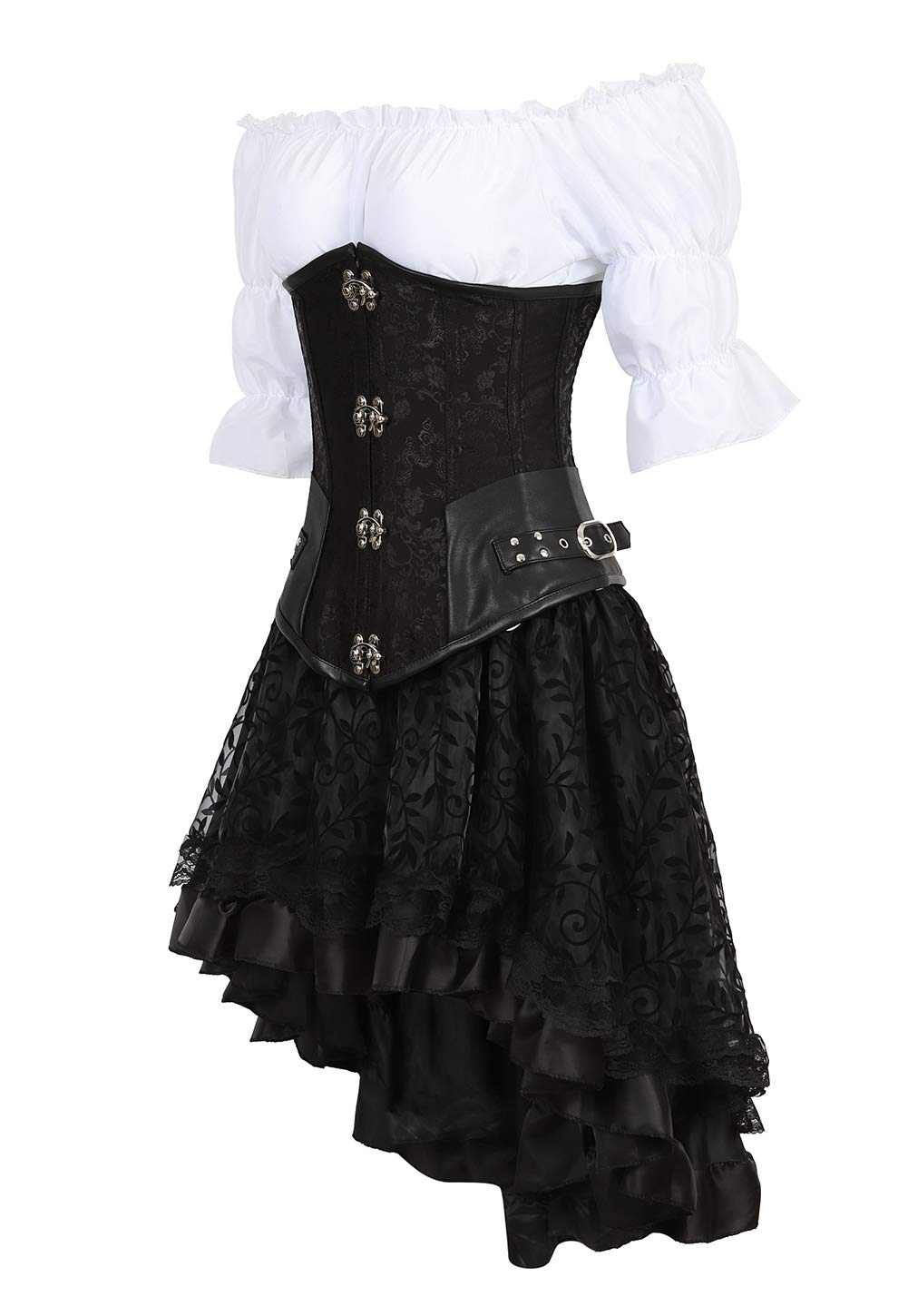 Steampunk Corset Bustier & Skirt Set for Women - 3-Piece Victorian Waist Cincher Outfit with Blouse | Gothic Lingerie, Cosplay Costume, Burlesque Fashion for Halloween & Renaissance Fairs
