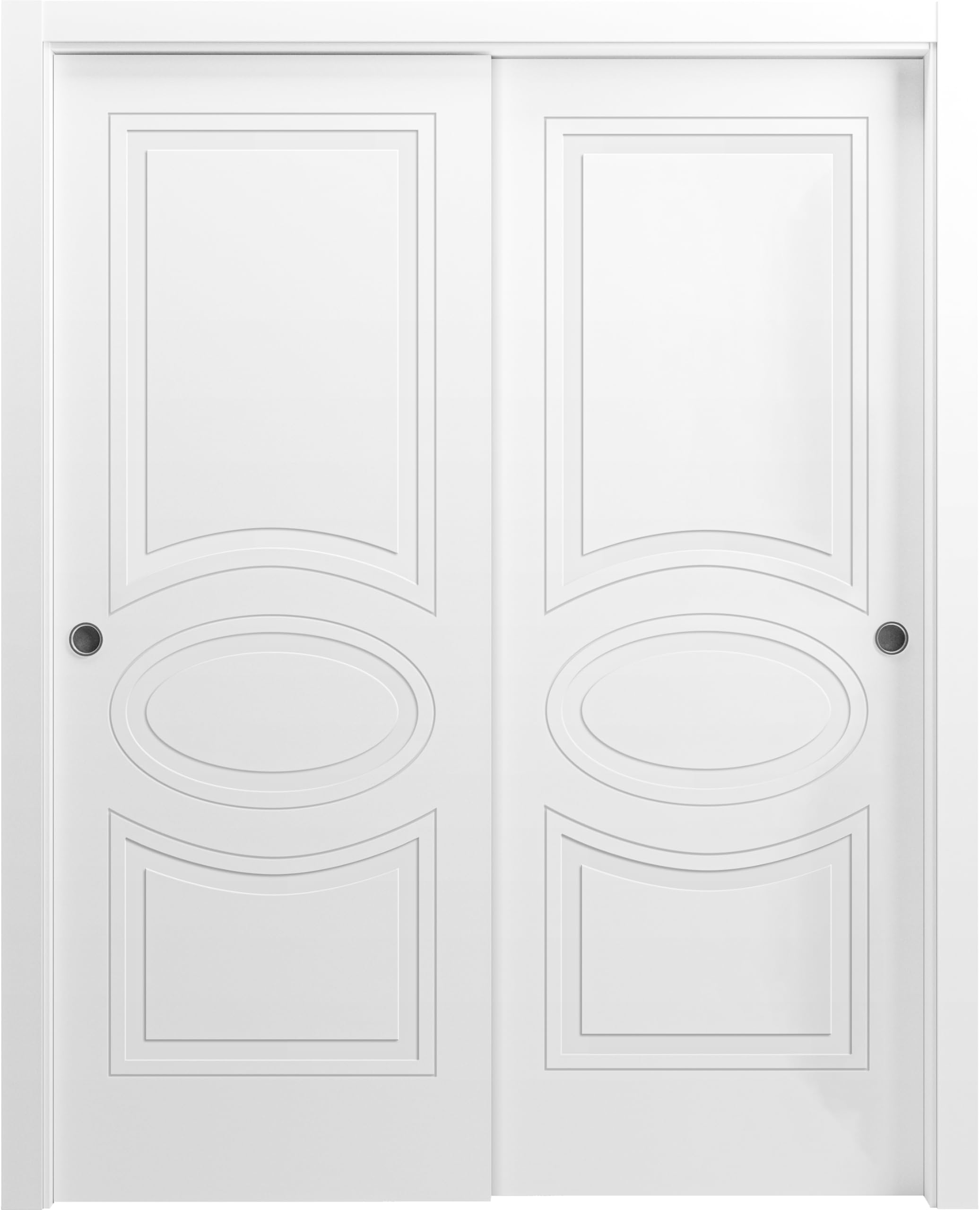 VDOMDOORS 64x80 Inch Sliding Closet Bypass Doors - Matte White Mela 7001 with Wooden Rails Hardware Set | Solid Wood Bedroom Wardrobe Doors for Master Closet & Walk-in Closets