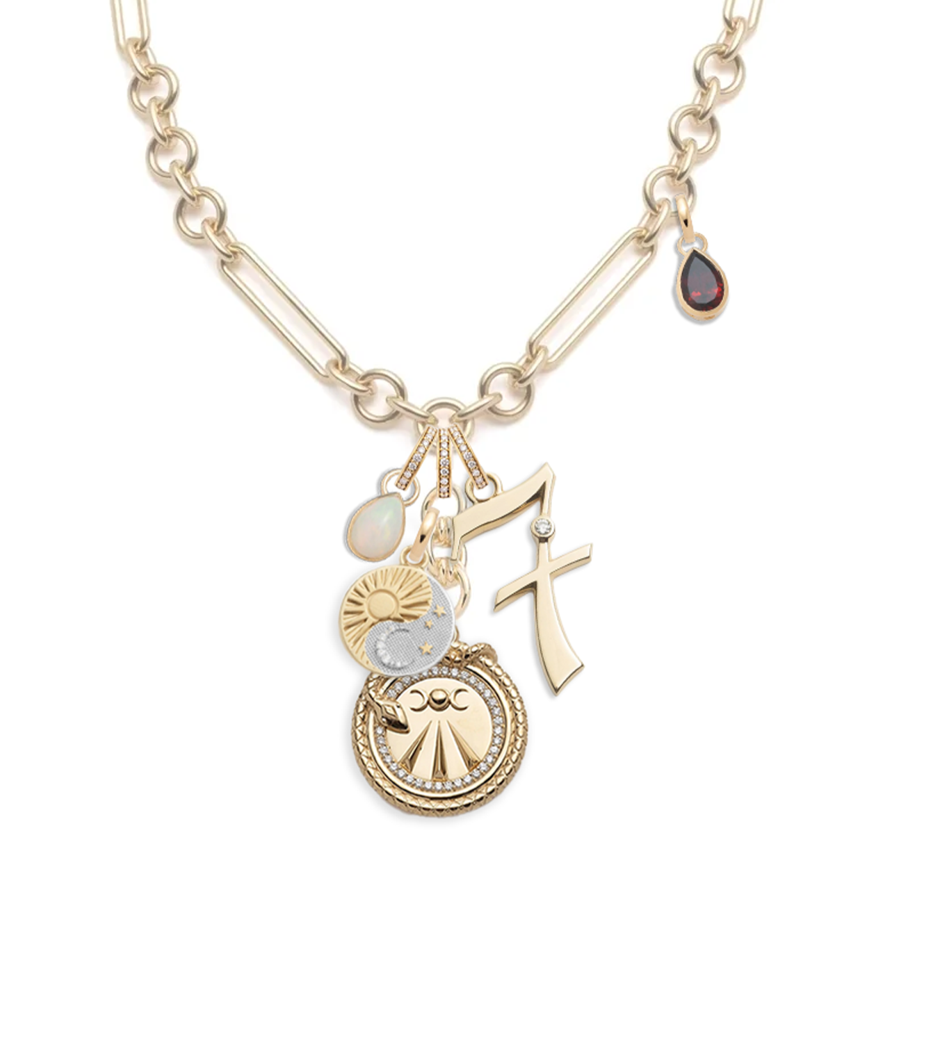 Mind, Body, Soul Midsized Mixed Clip Story Yellow Gold Diamond Ruby Opal Jewelry - Perfect for Special Occasions, Gifts & Everyday Elegance