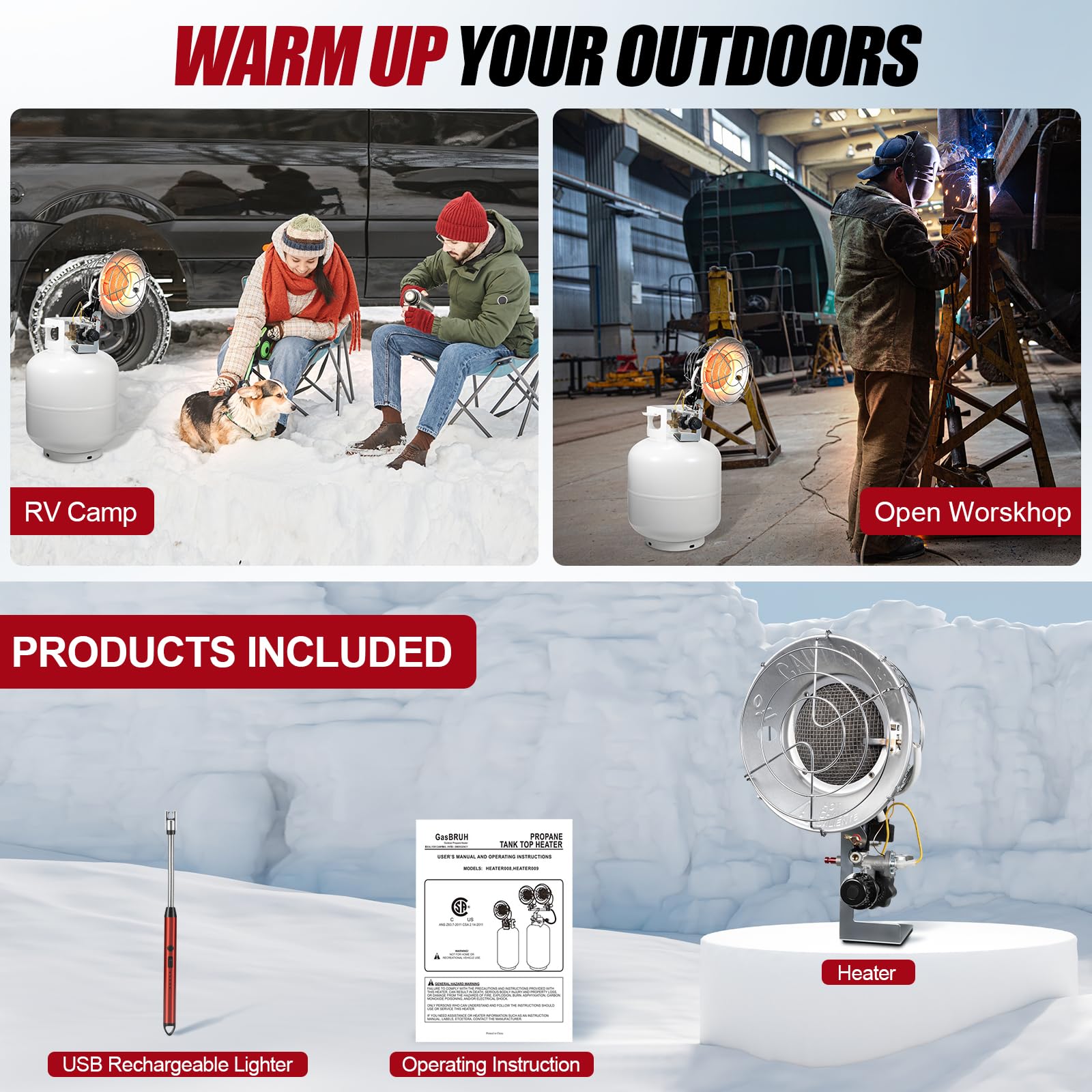 Portable Propane Heater 12,000-18,000 BTU with USB Rechargeable Lighter - 3 Heat Settings for Outdoor, Garage, RV, Camping & Workspaces - Indoor Safe Buddy Heater for Patio, Tailgating & Emergency Heating