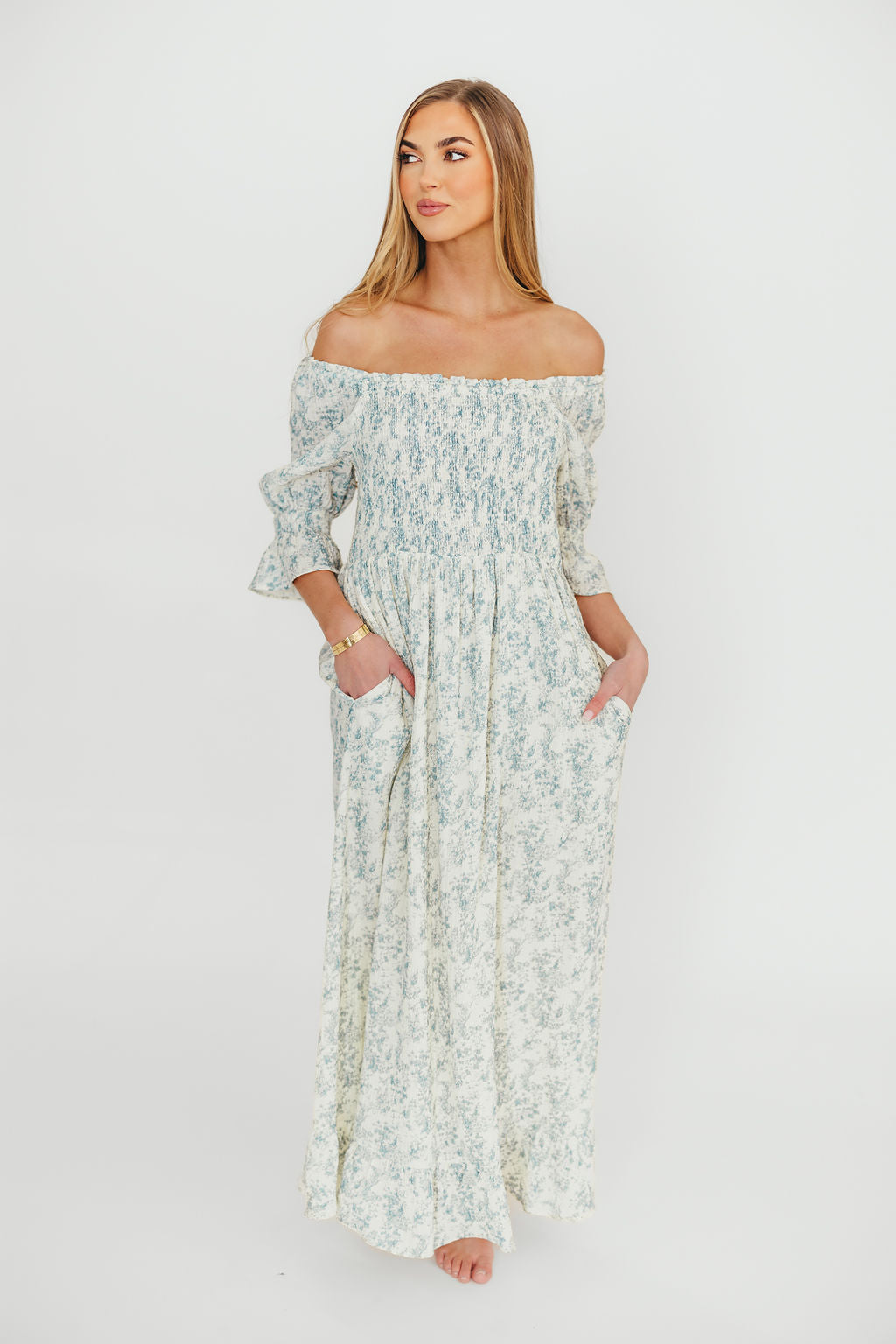 Sienna 100% Cotton Puff Sleeve Maxi Dress - Blue Floral Print Maternity Dress for Pregnancy | Bump Friendly, Comfortable & Stylish for Summer, Beach, Vacation & Special Occasions